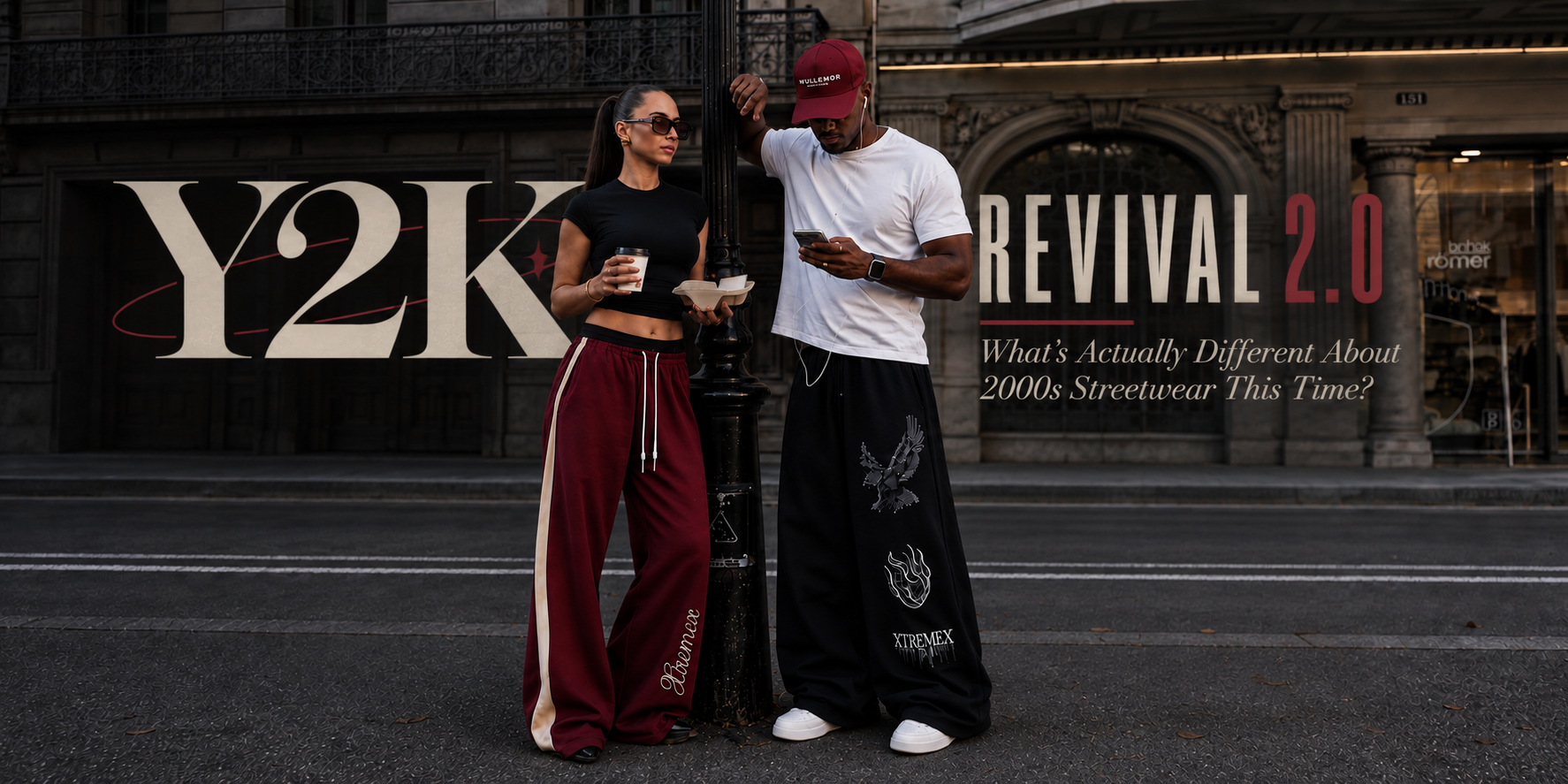 Image of Y2K streetwear couple wearing oversized graphic joggers