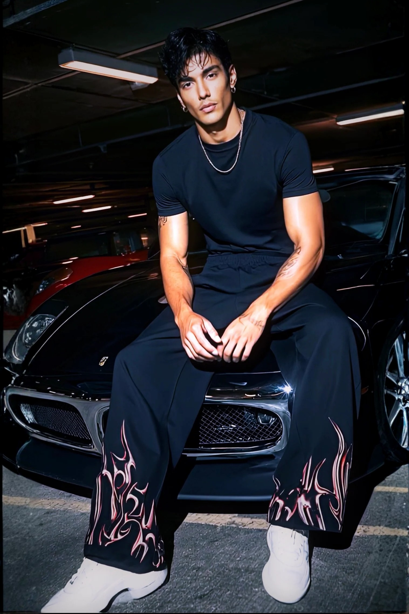 Men's black flame print wide-leg sweatpants athletic wear  ifm