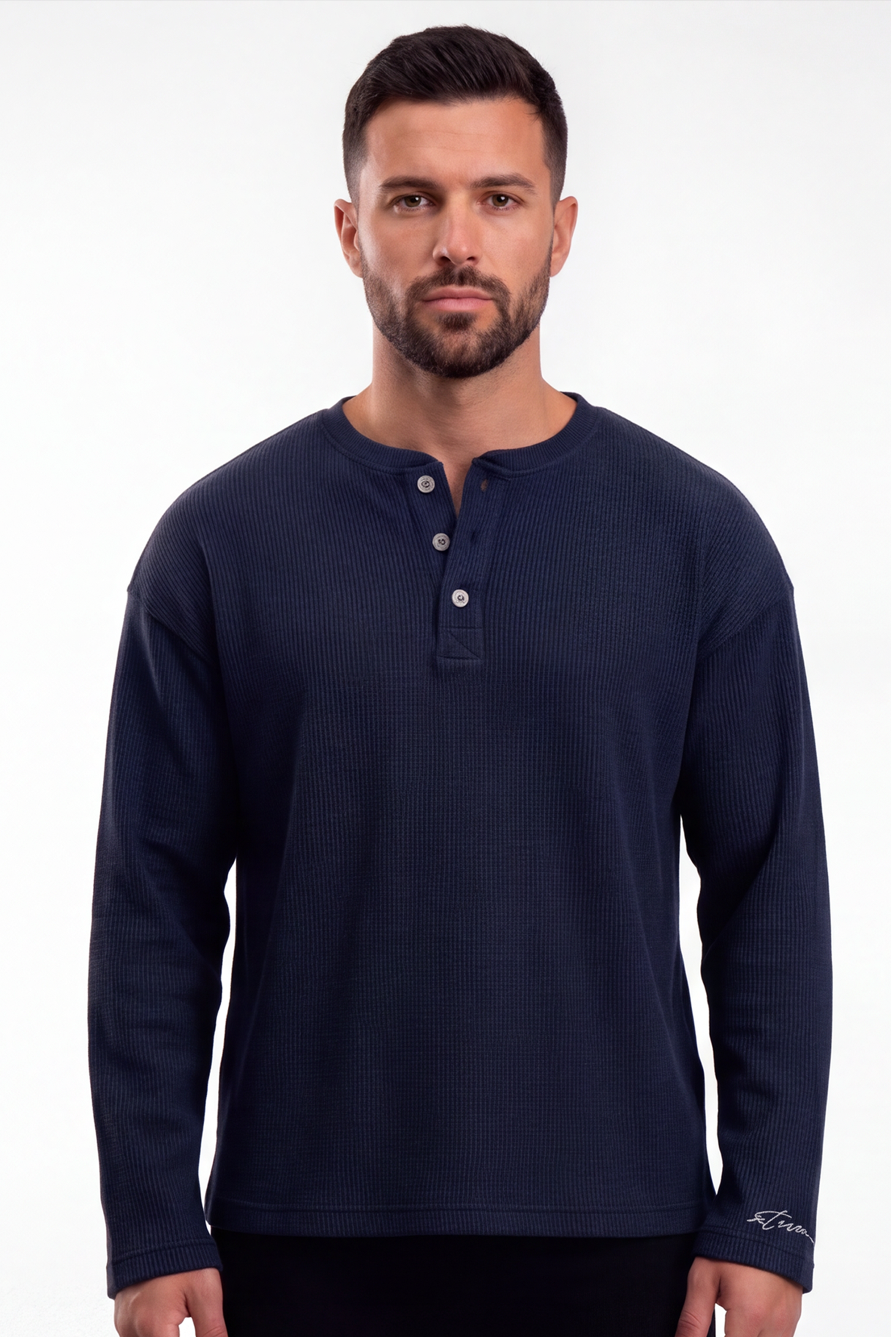 Image of XTREMEX navy waffle knit Henley T-shirt front view with textured fabric and three-button neckline