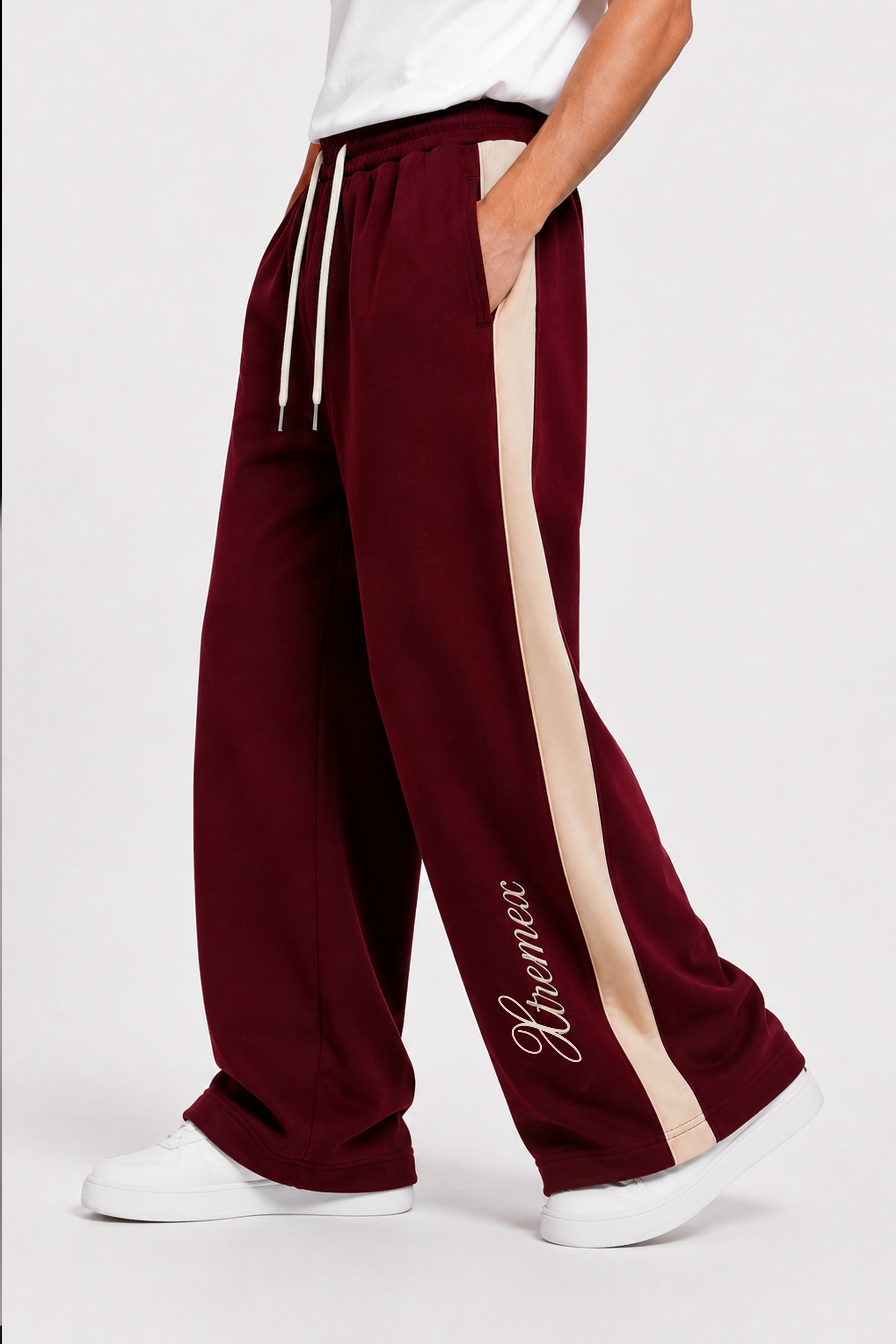 Image of Maroon oversized joggers styled with casual outfit