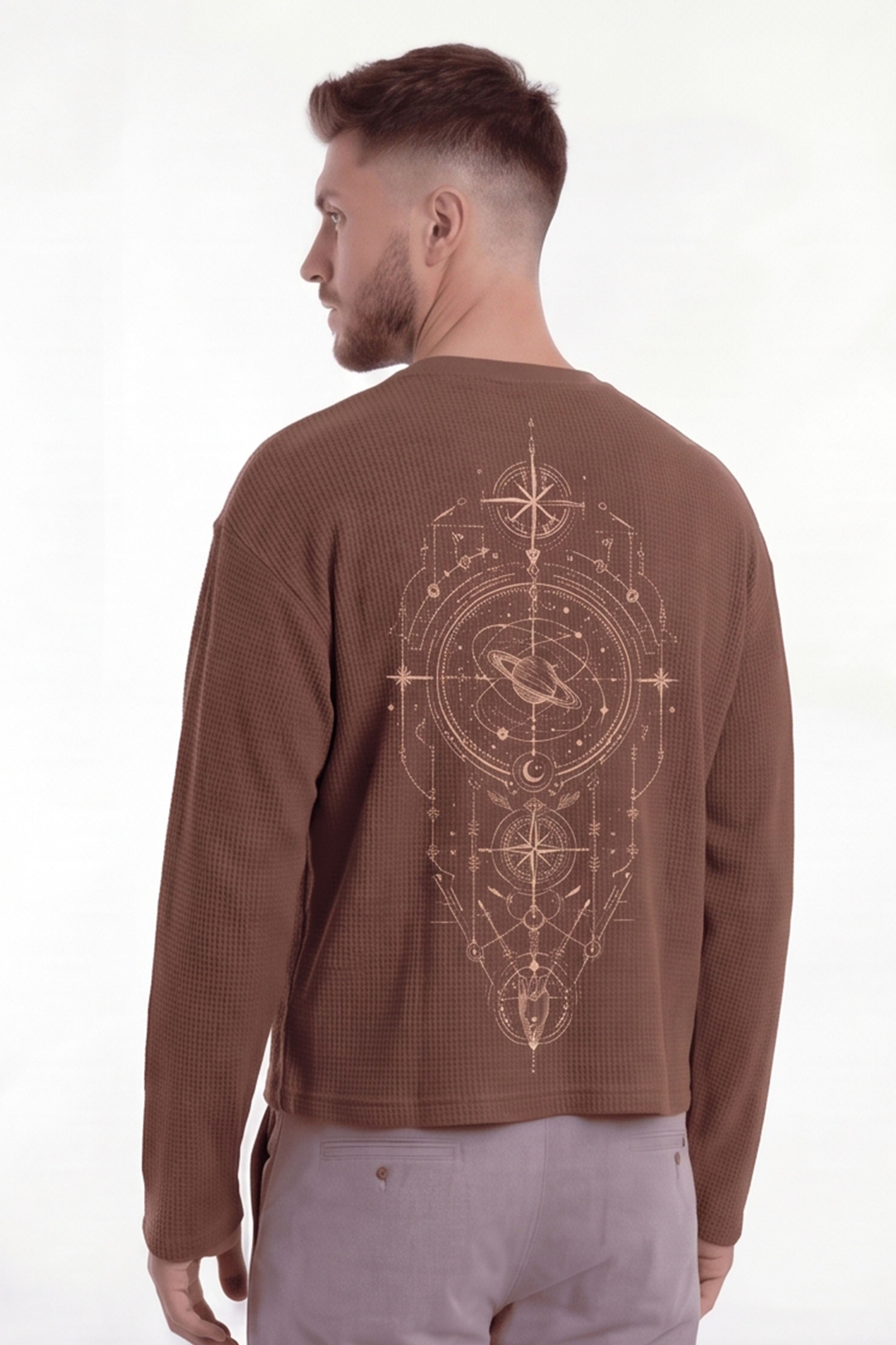 Image of Men's Cosmic waffle T-shirt with celestial back graphic and waffle texture