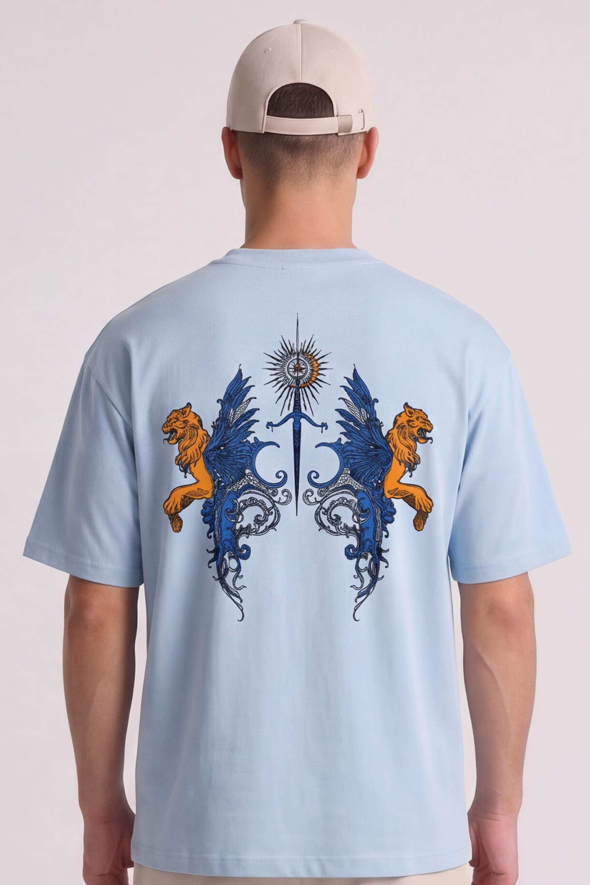 XTREMEX Royal Crest sky blue oversized graphic t-shirt front view with sword emblem chest print