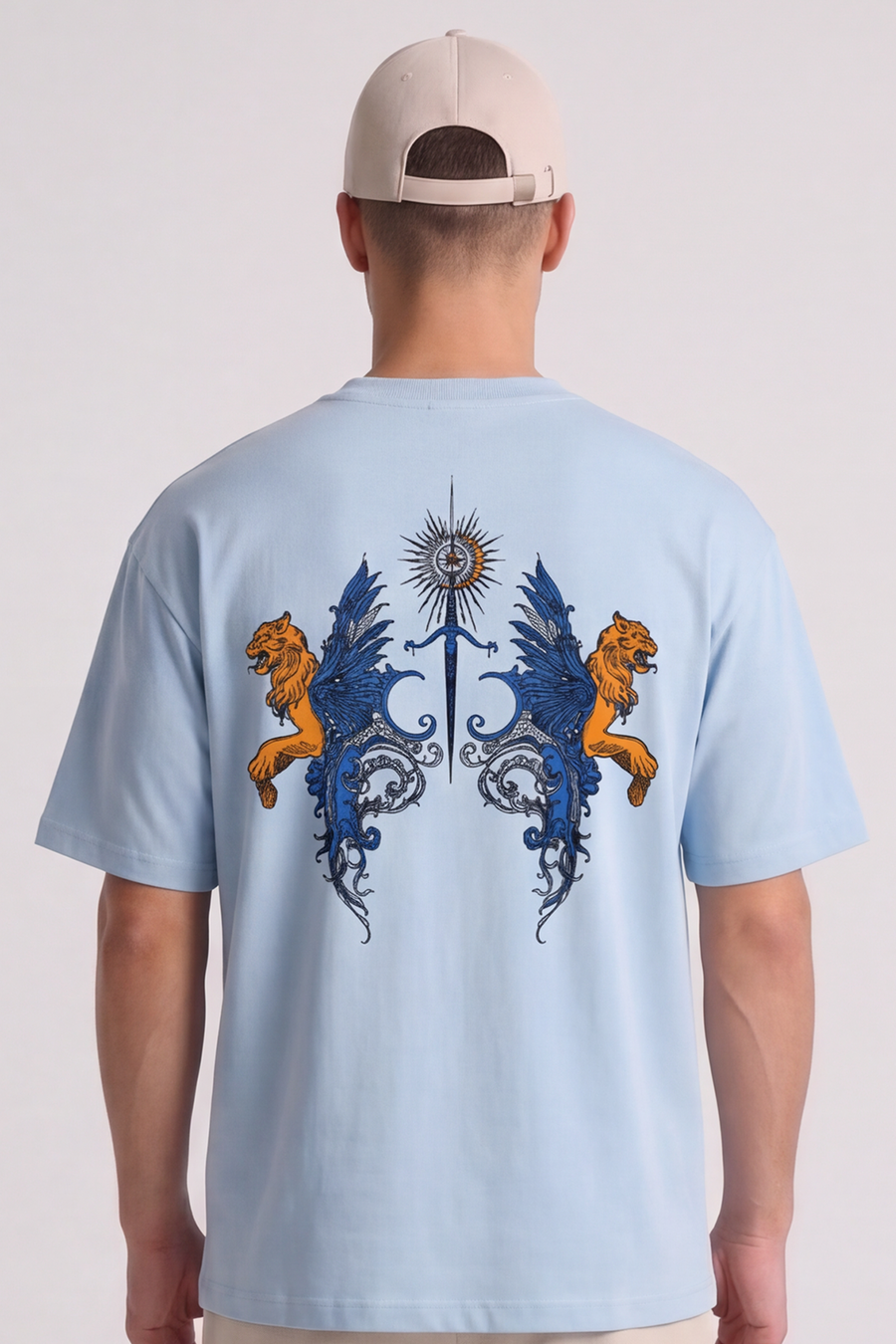 Royal Crest sky blue oversized graphic t-shirt front view with sword emblem chest print ifm