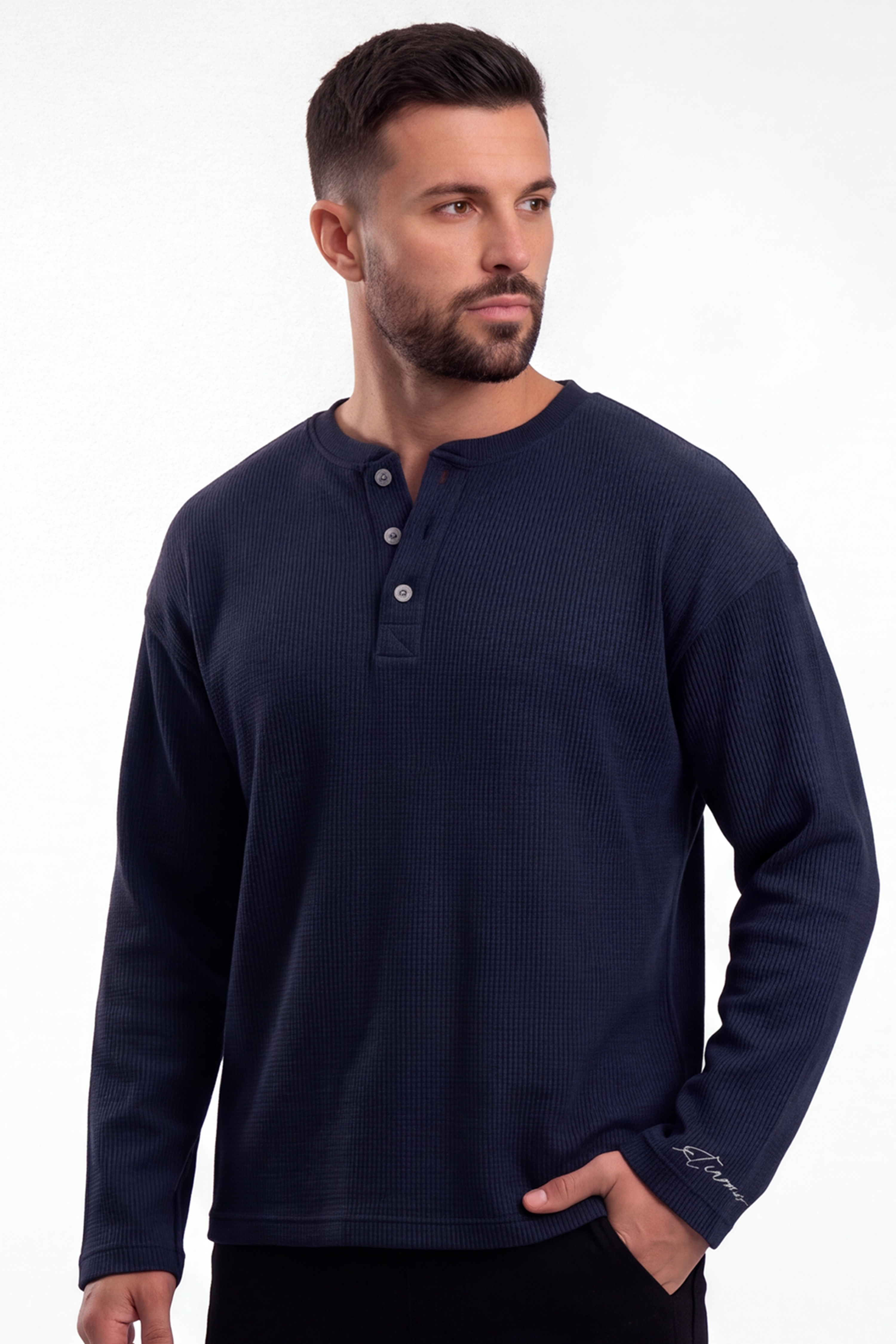 Image of Waffle Henley Tshirt - Navy