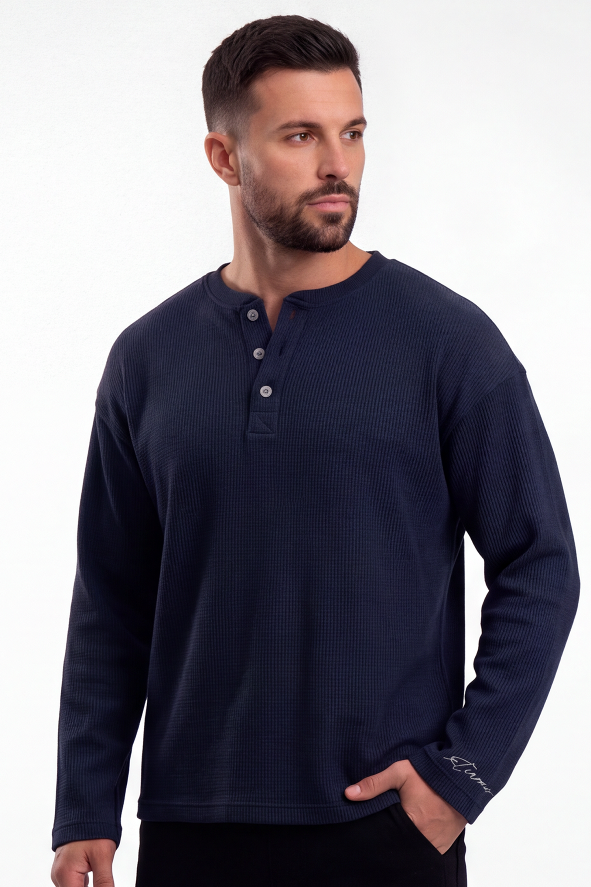 Waffle Henley Tshirt - Navy