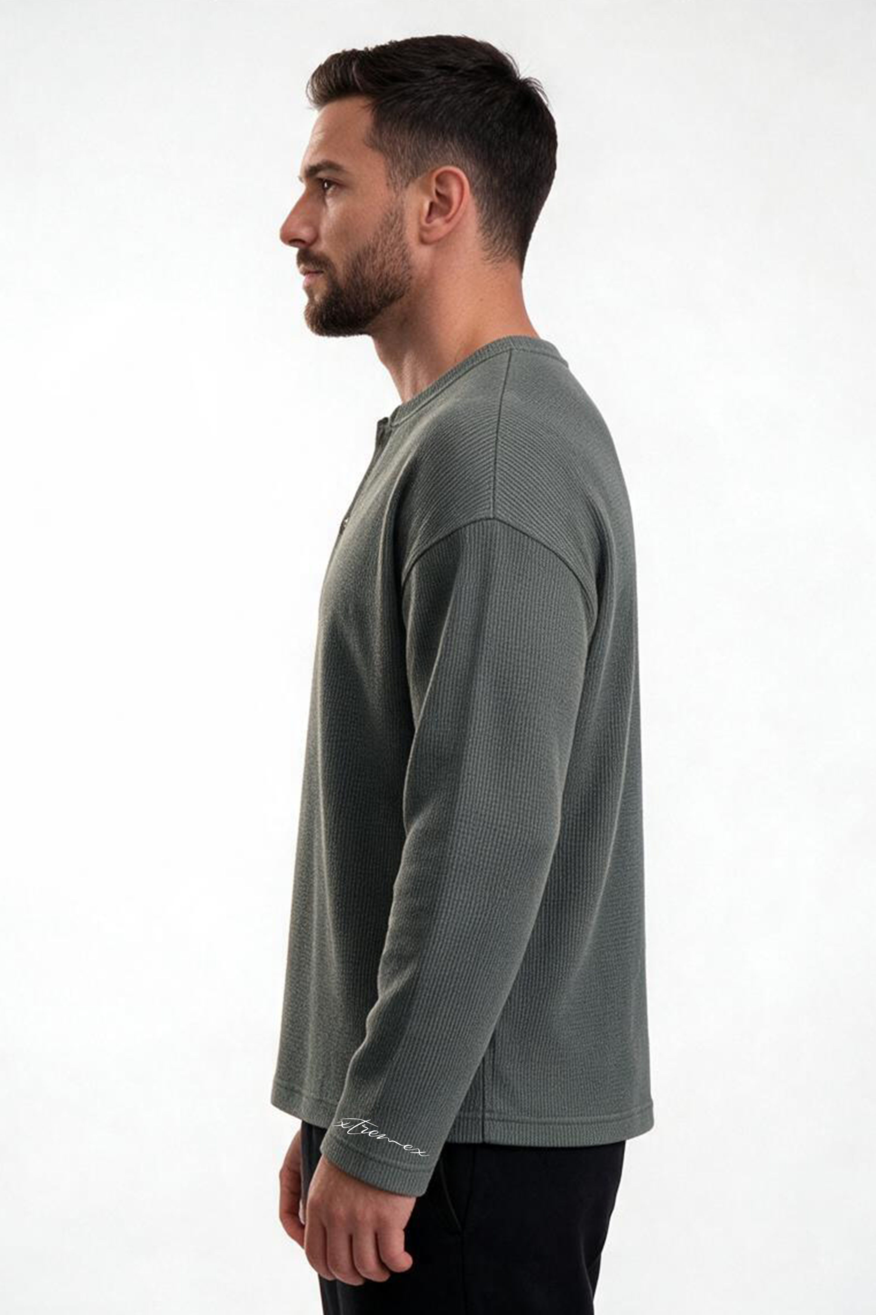 Image of Waffle Henley Tshirt - Dark Grey