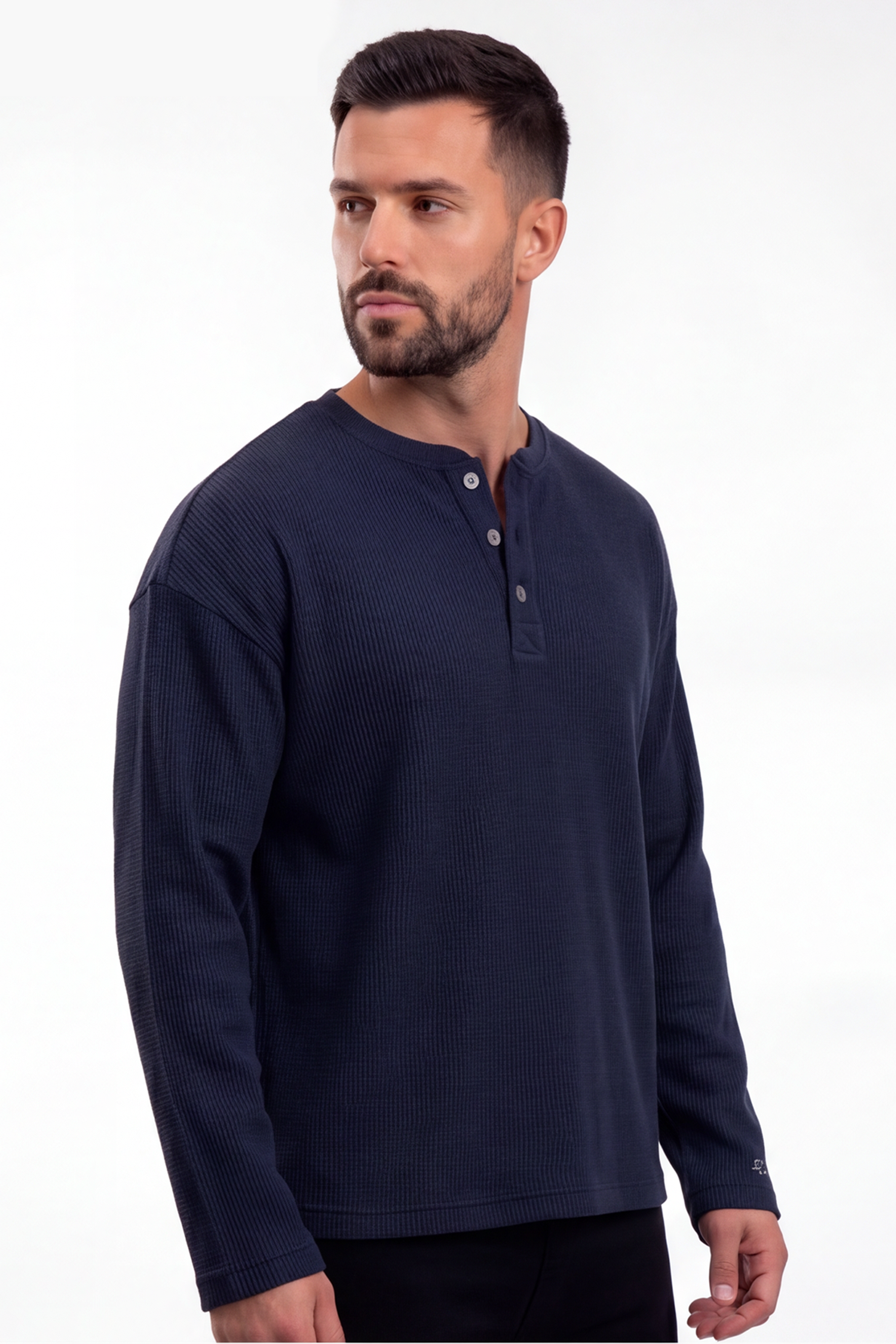 Image of Waffle Henley Tshirt - Navy