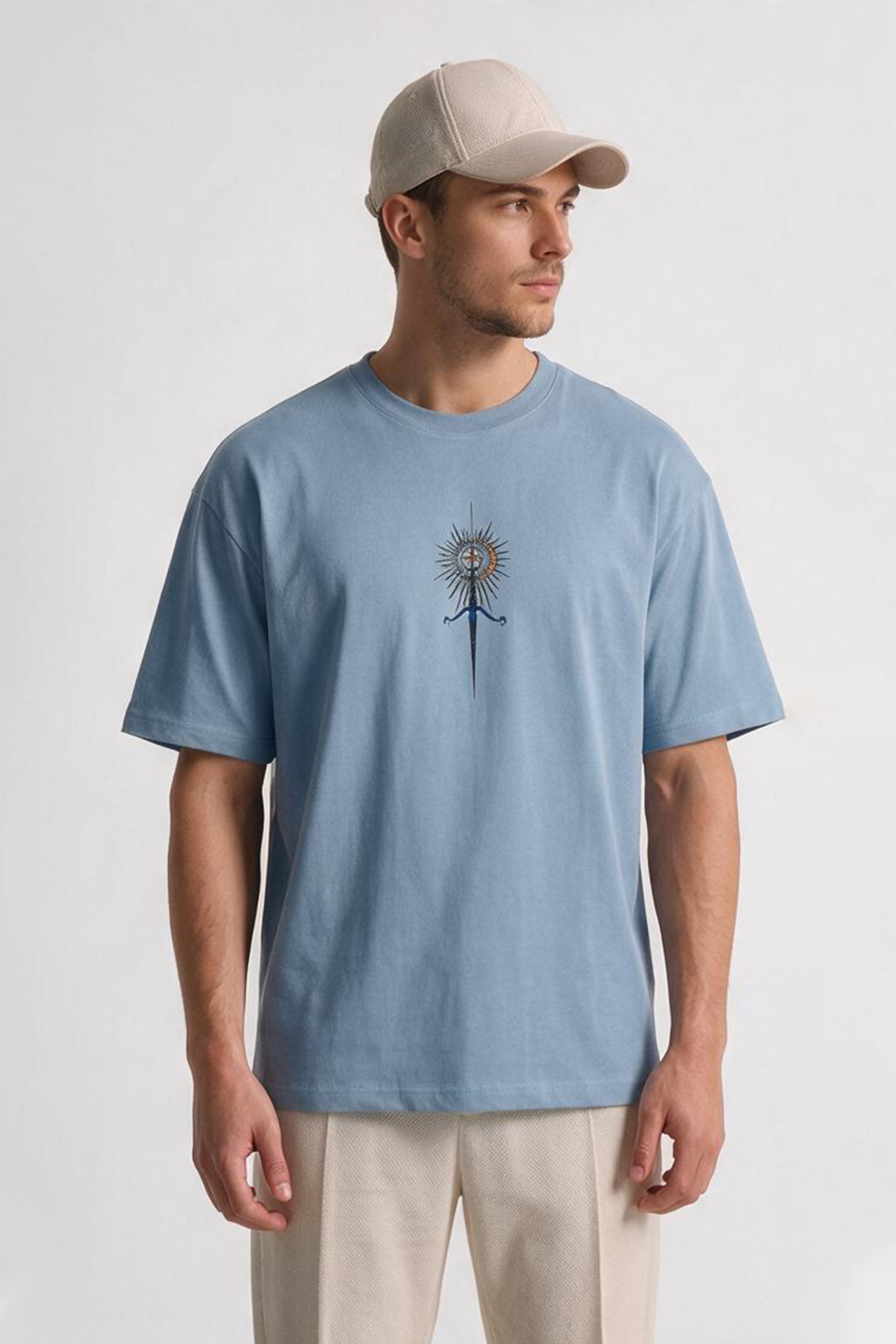 Image of XTREMEX Royal Crest oversized pastel blue graphic t-shirt styled with relaxed streetwear fit