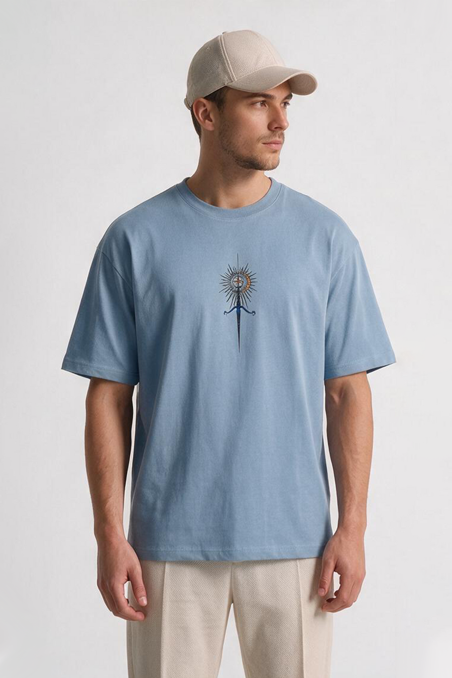  Royal Crest oversized pastel blue graphic t-shirt styled with relaxed streetwear fit ifm