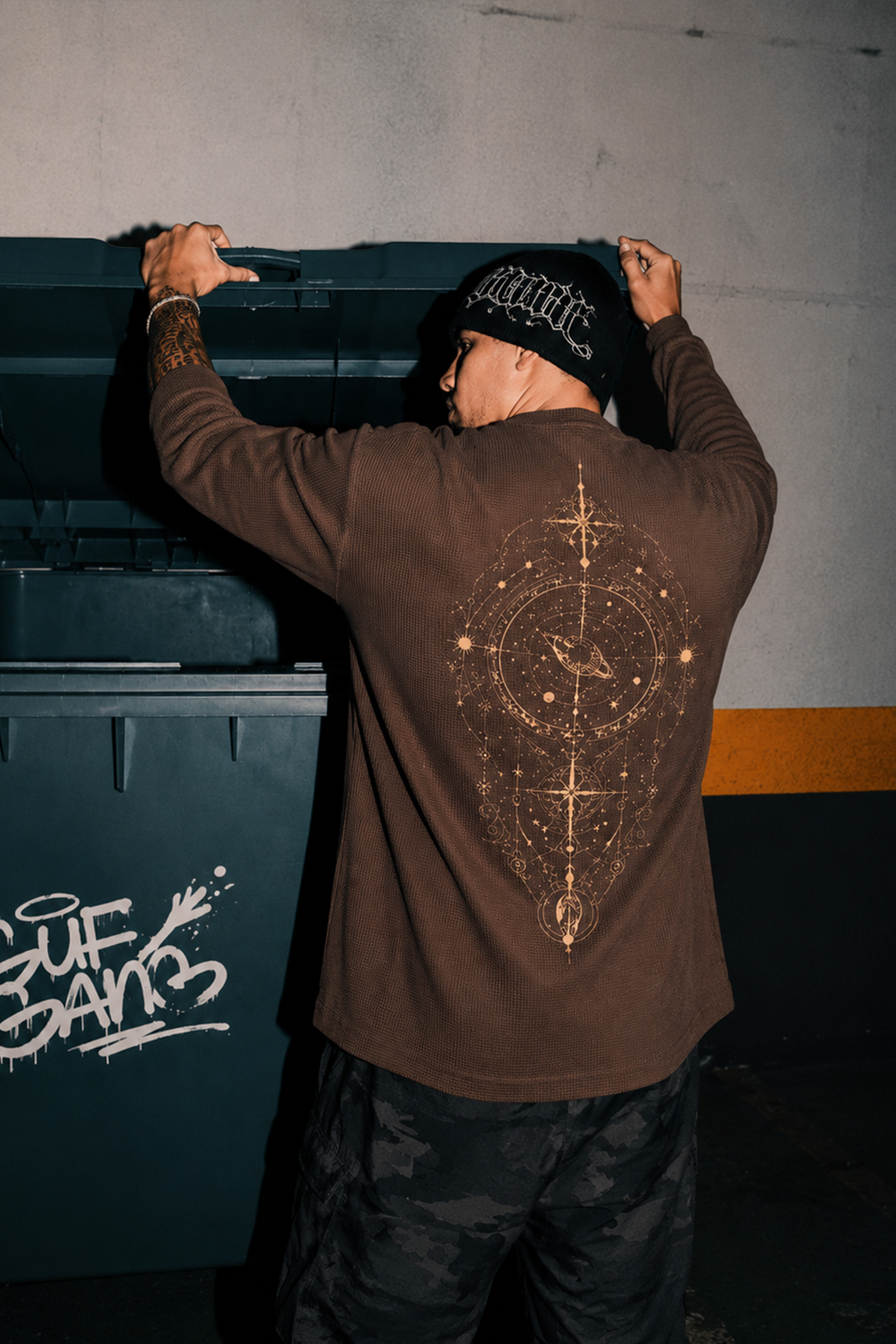 Image of Men's Cosmic waffle T-shirt with celestial graphic print and textured waffle fabric