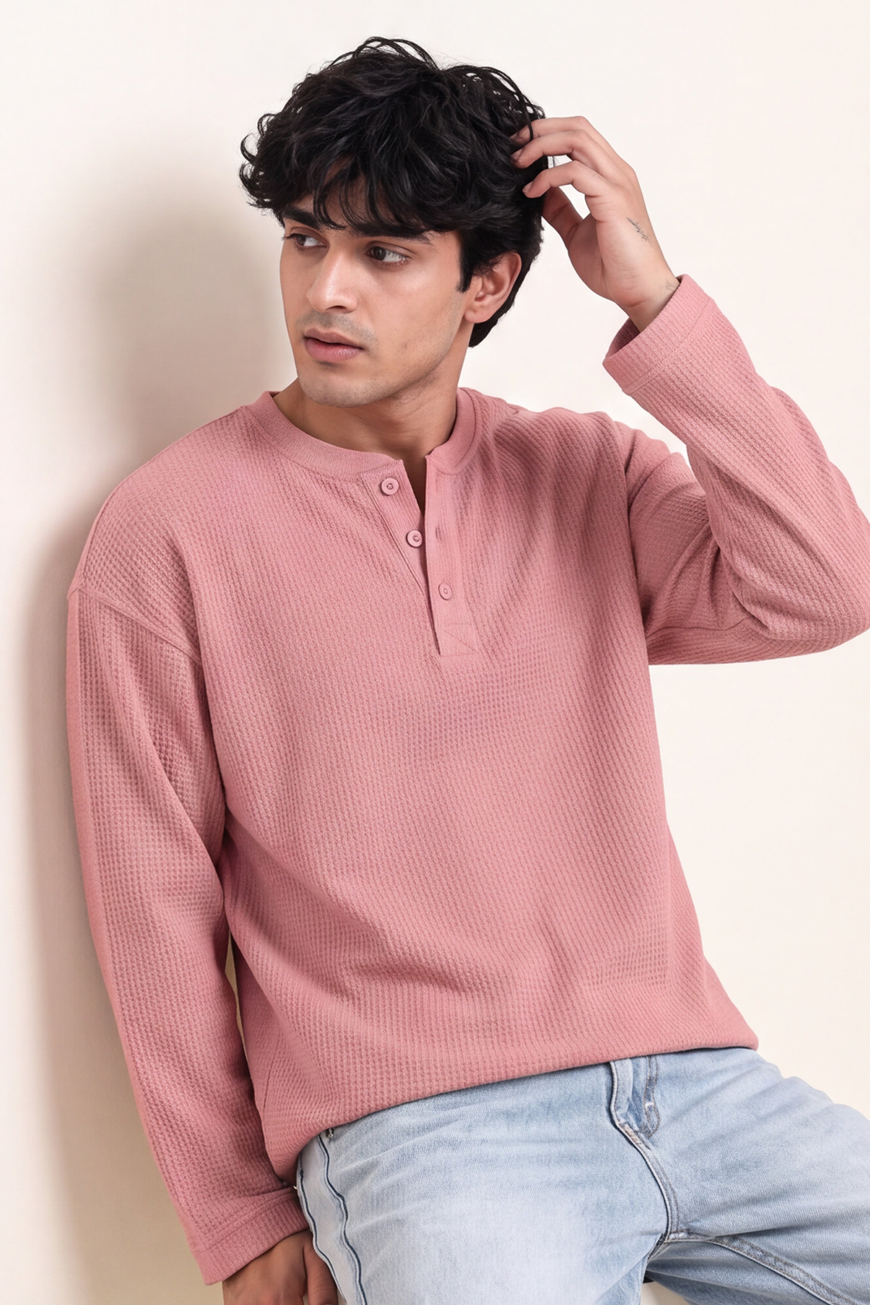 Image of Waffle Henley Tshirt - Rose Wood