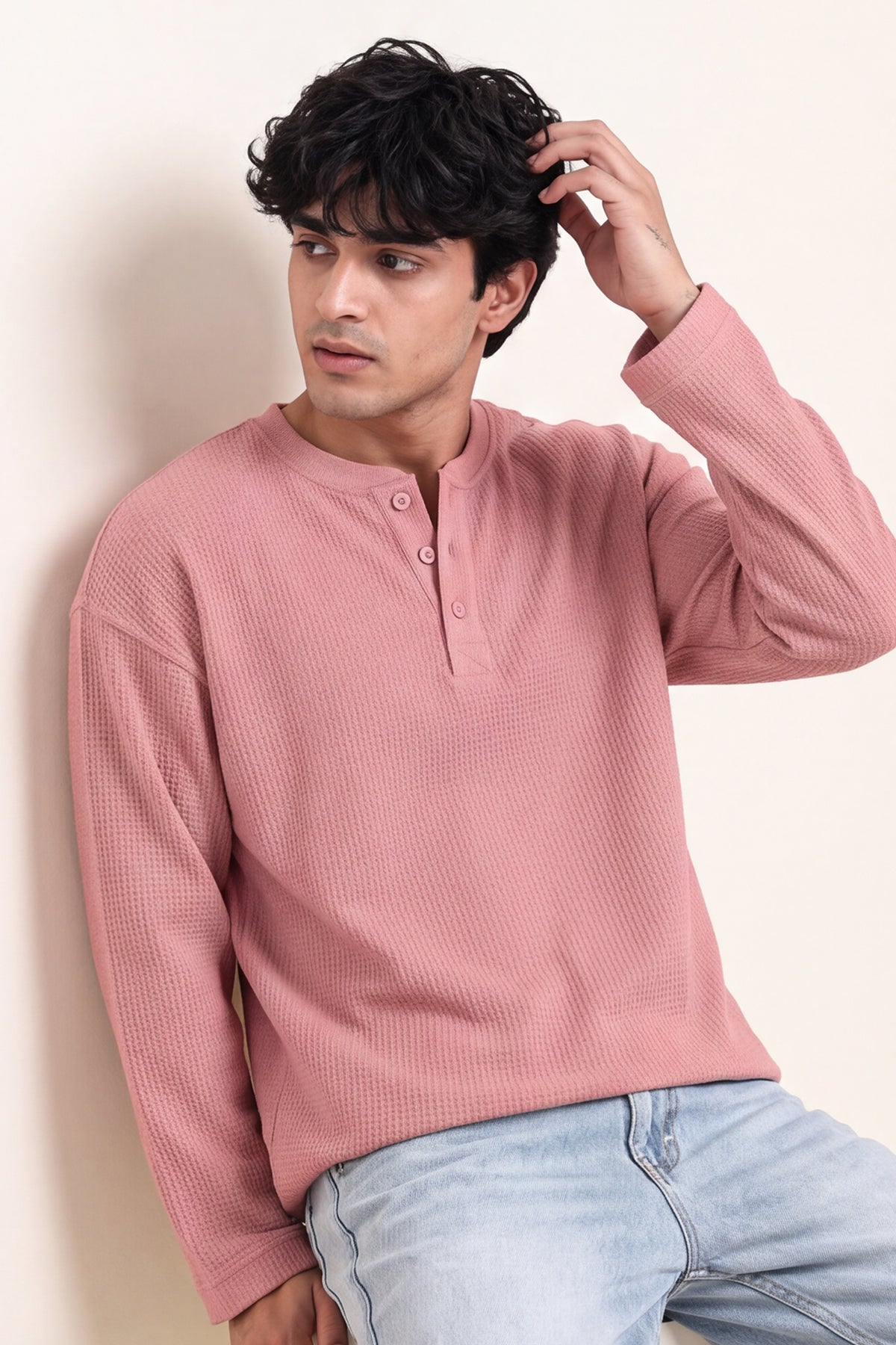 Waffle Henley Tshirt - Rose Wood