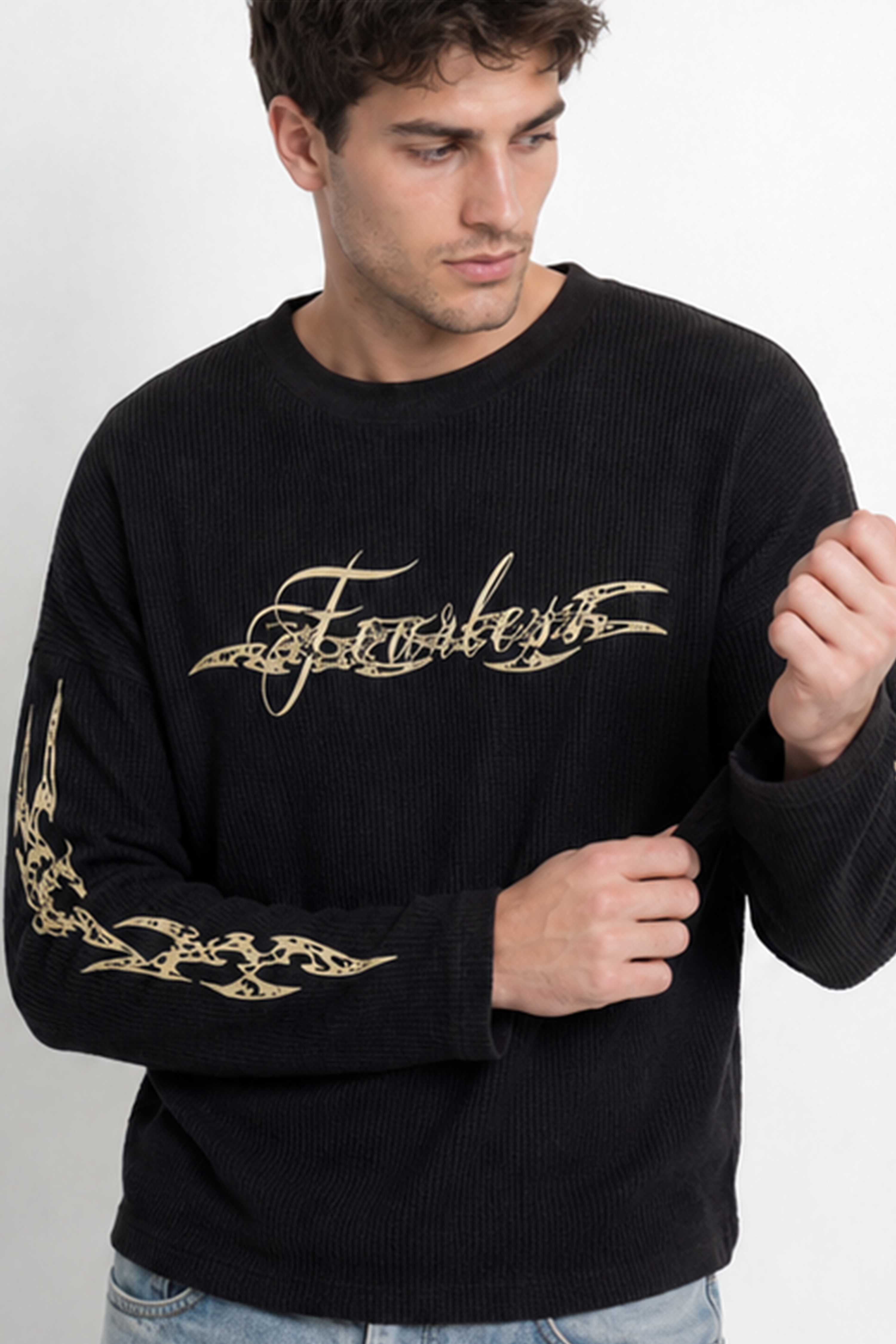 Image of Men's Fearless waffle T-shirt with tribal sleeve graphics and waffle texture