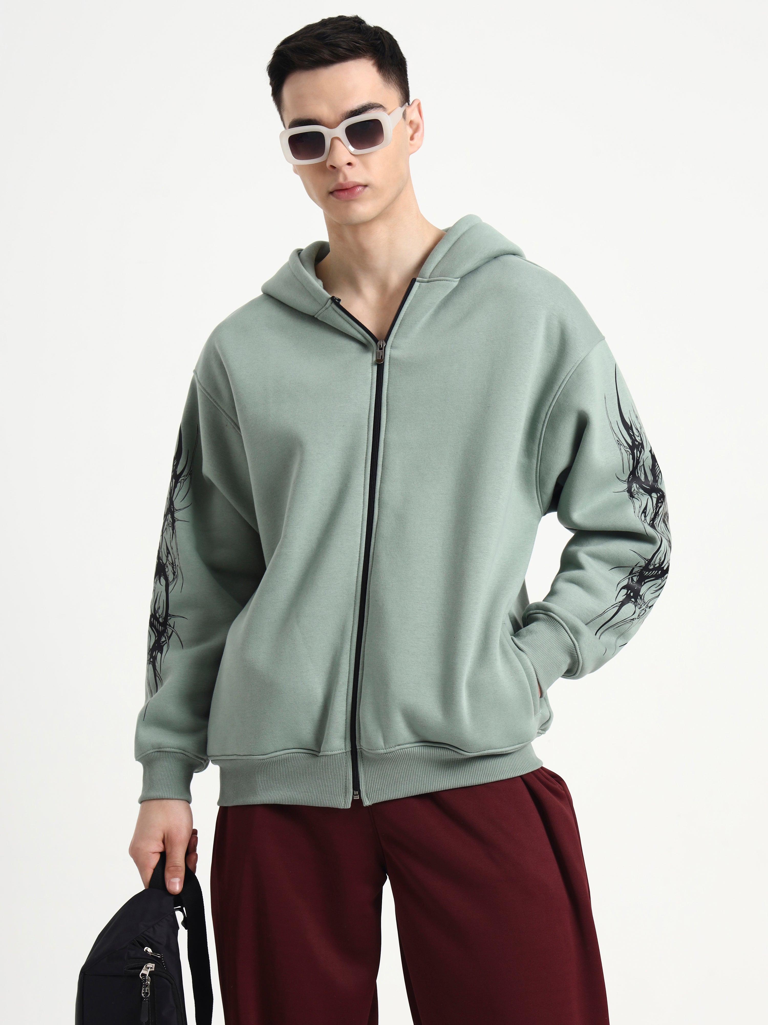 Image of Night Pulse Unisex Oversized Zipper Hoodie - Sage Green