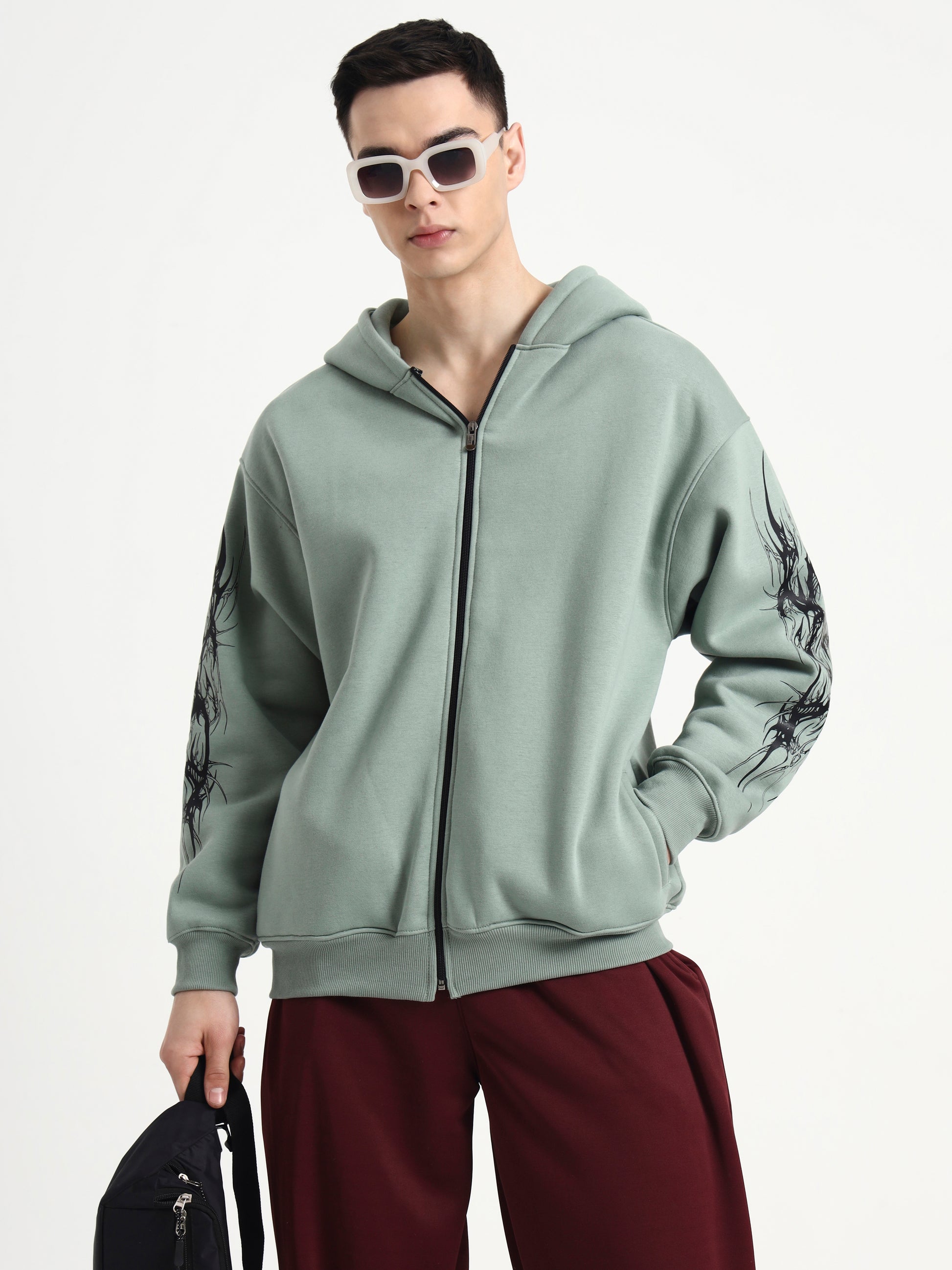 Night Pulse Unisex Oversized Zipper Hoodie - Sage Green