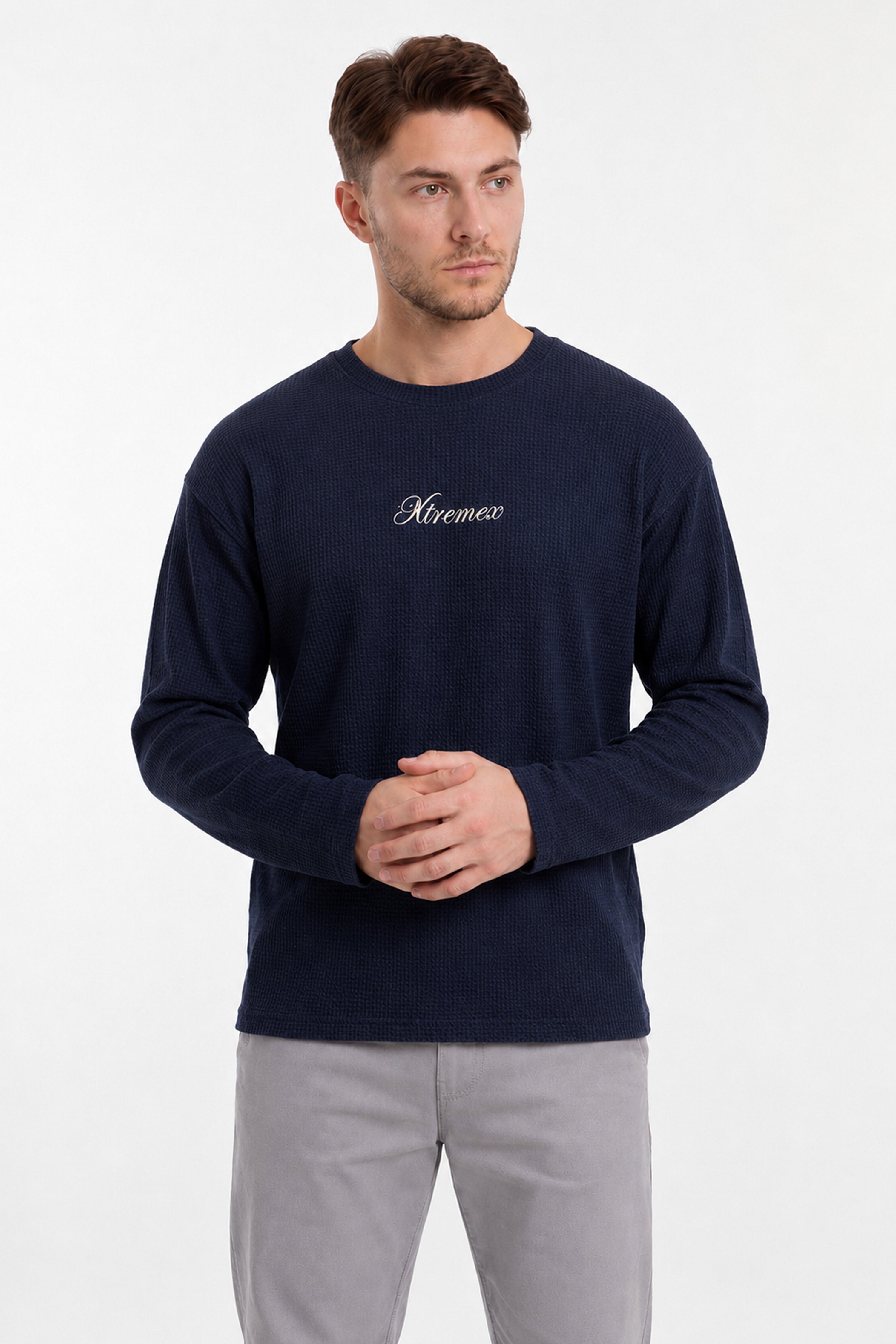 Image of Men's Red Flag Waffle Tshirt Navy featuring oversized slogan graphic