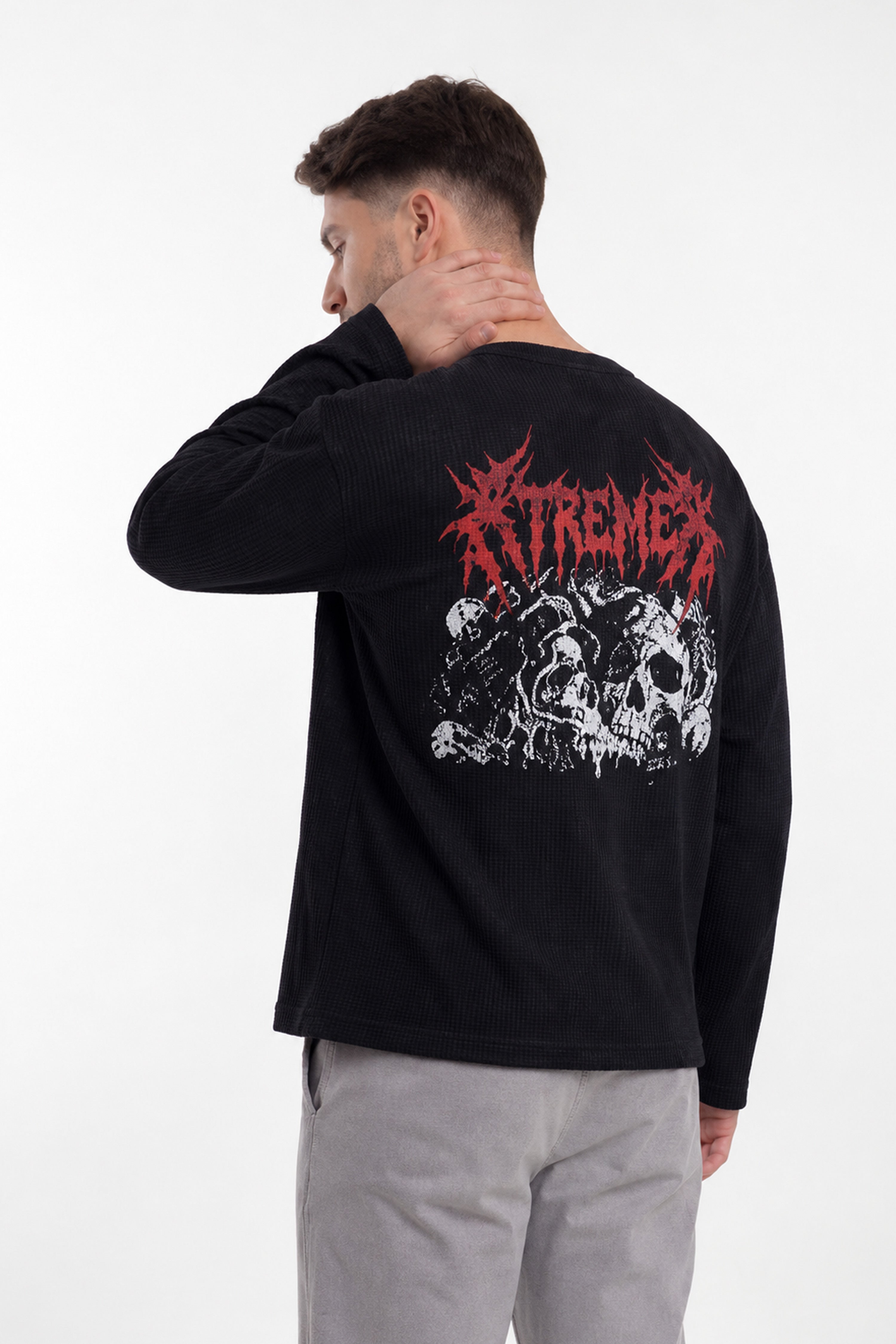 Image of Men's Chaos Waffle Tshirt Black with bold red skull graphic print