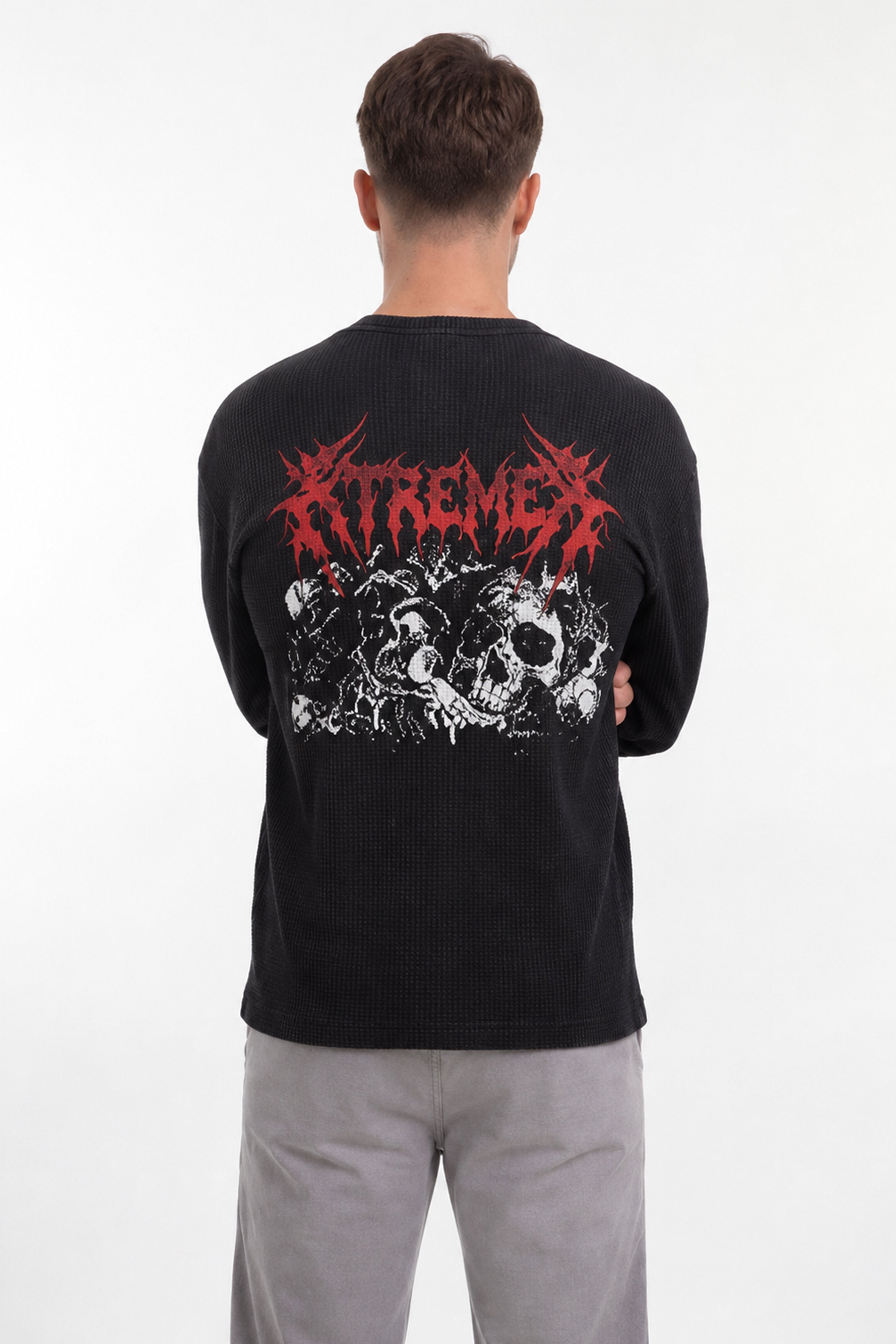 Image of Men's Chaos Waffle Tshirt Black with textured waffle knit fabric and skull print