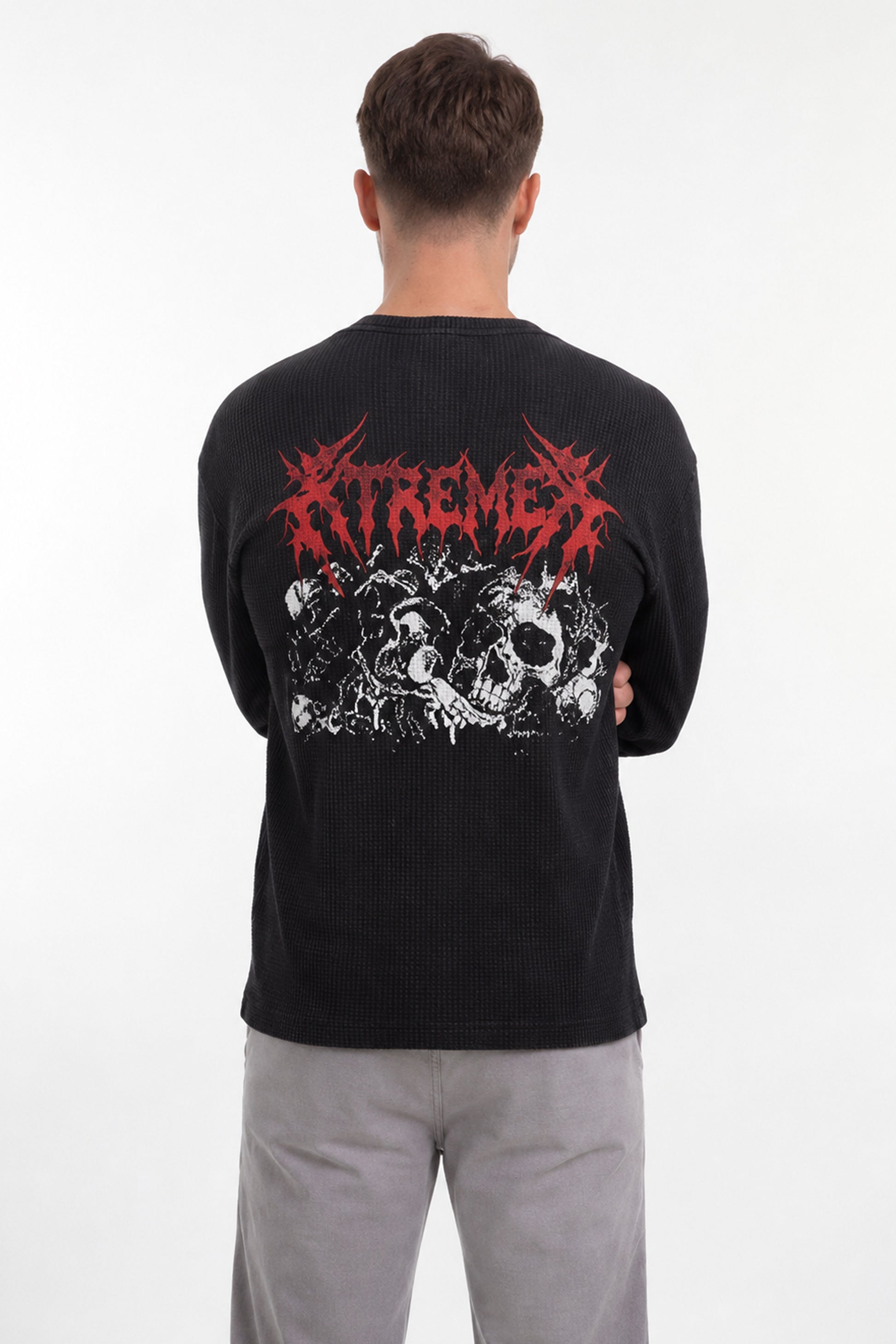 Men's Chaos Waffle Tshirt Black with textured waffle knit fabric and skull print