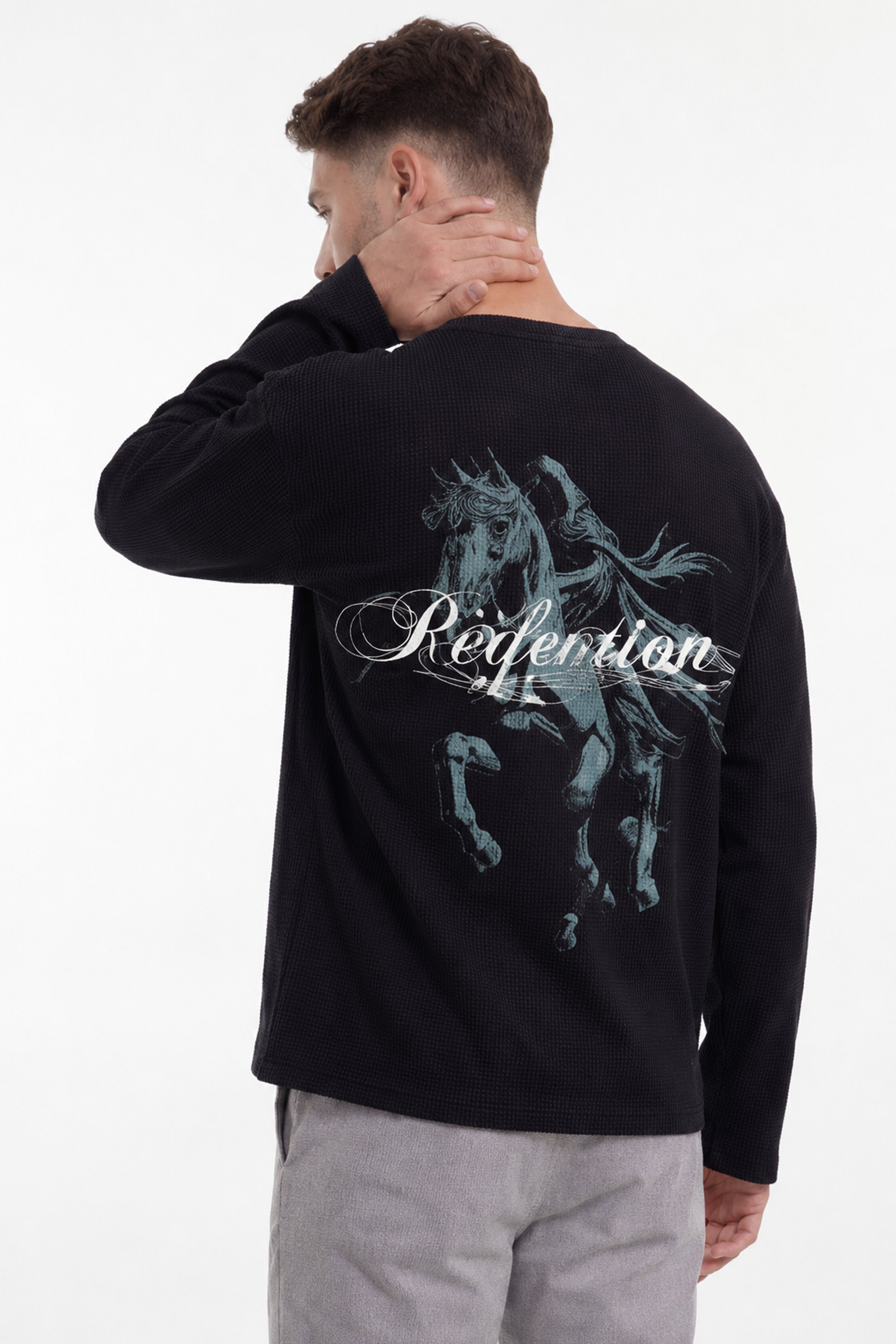 Image of Men's Redemption Waffle Tshirt Black featuring artistic horse graphic design