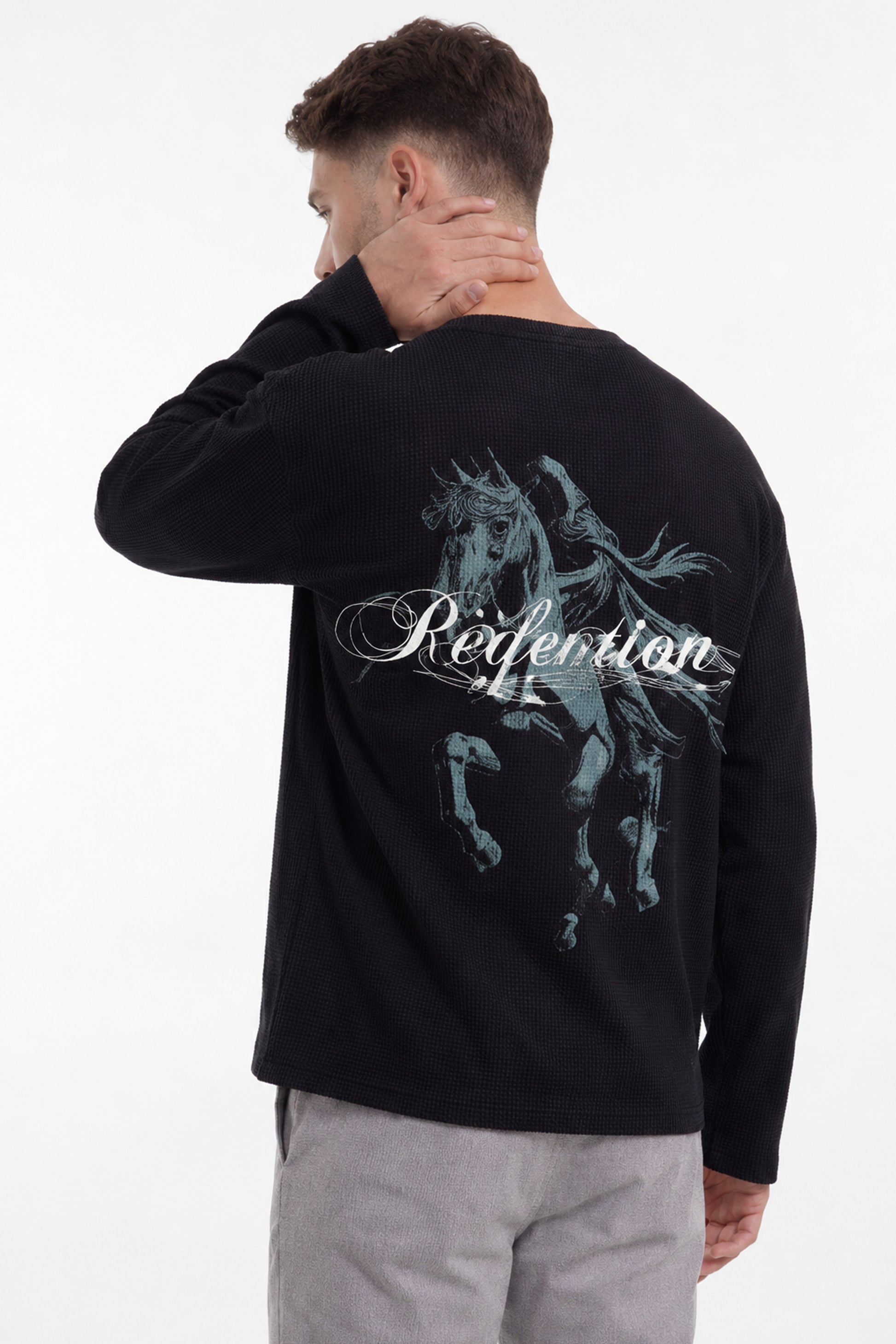 Men's Redemption Waffle Tshirt Black featuring artistic horse graphic design