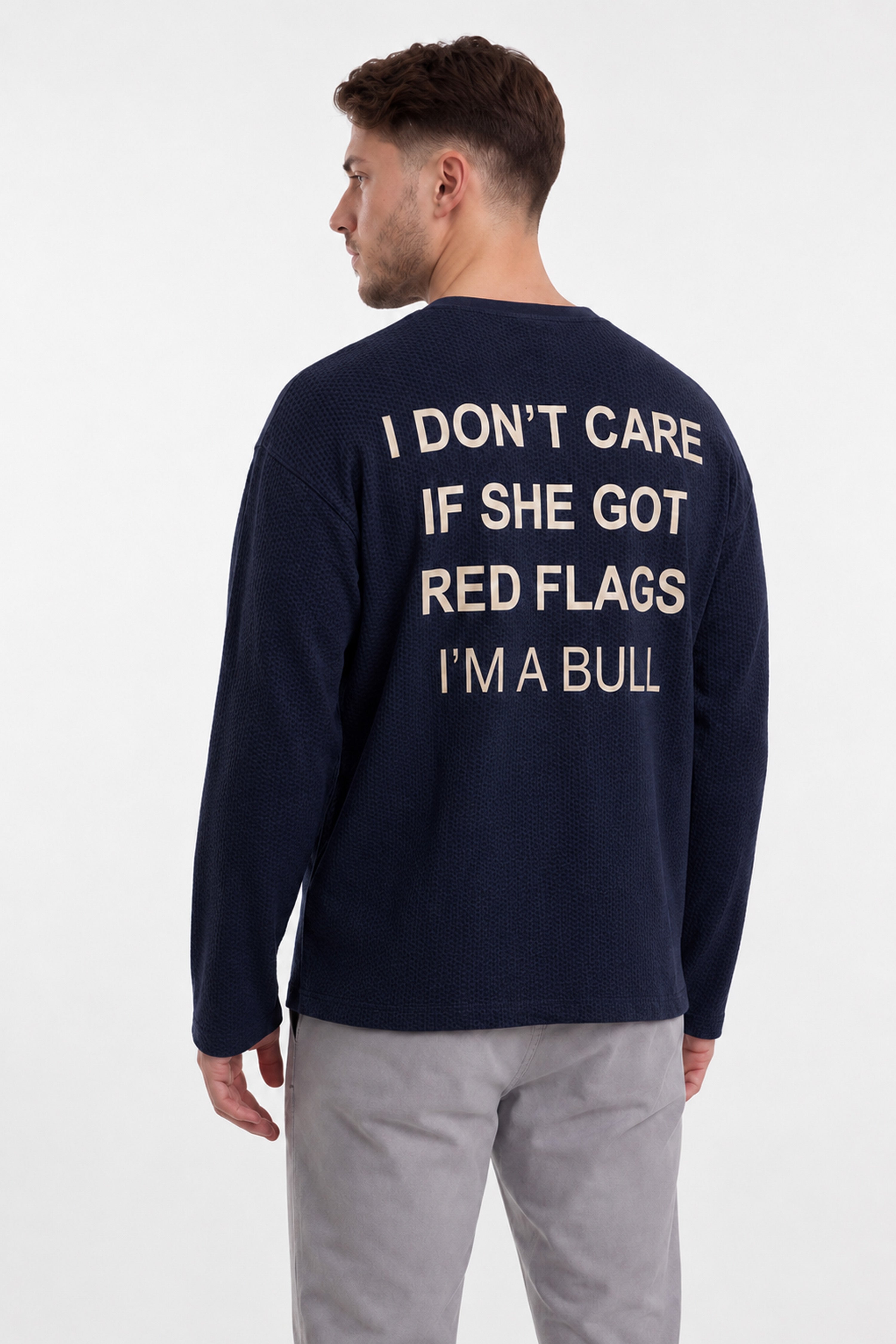 Image of Men's Red Flag Waffle Tshirt Navy with bold statement back print