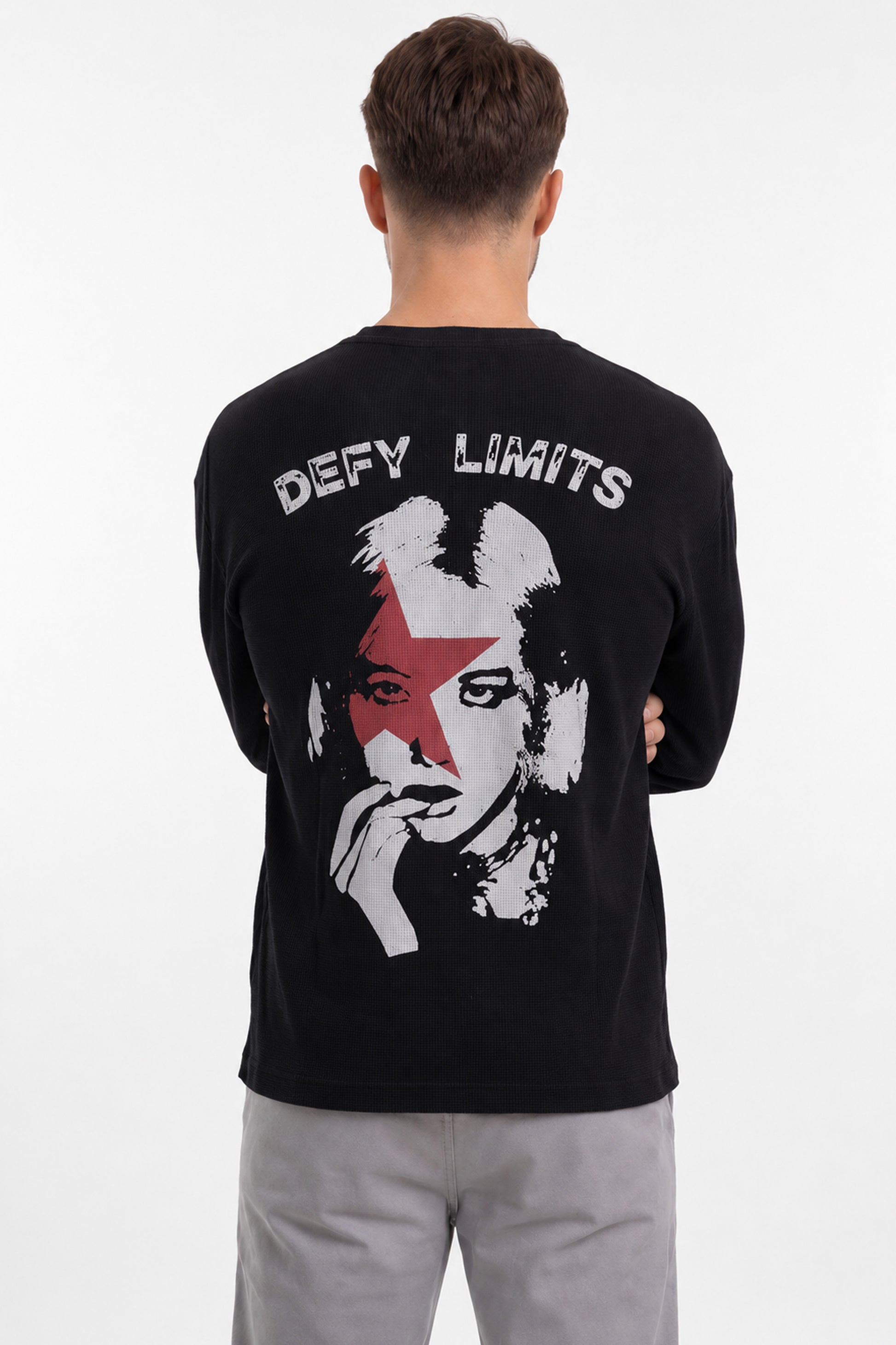 Men's Defy Limits Waffle Tshirt Black with portrait and star graphic design