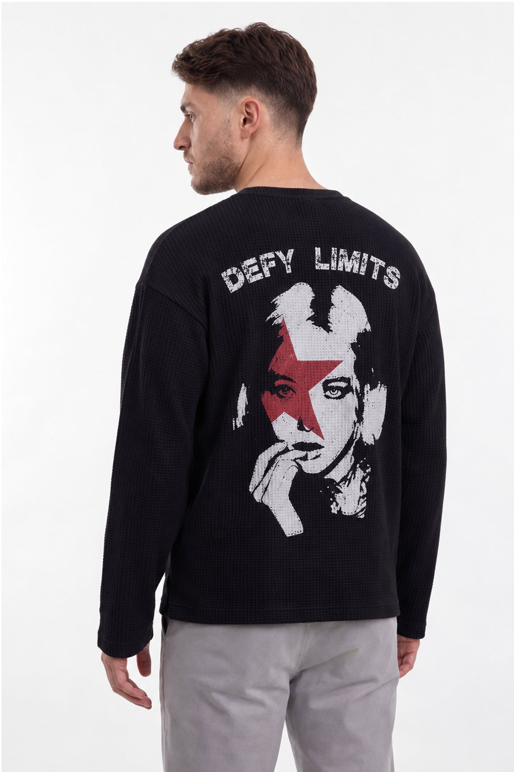 Men's Defy Limits Waffle Tshirt Black with bold graphic portrait print