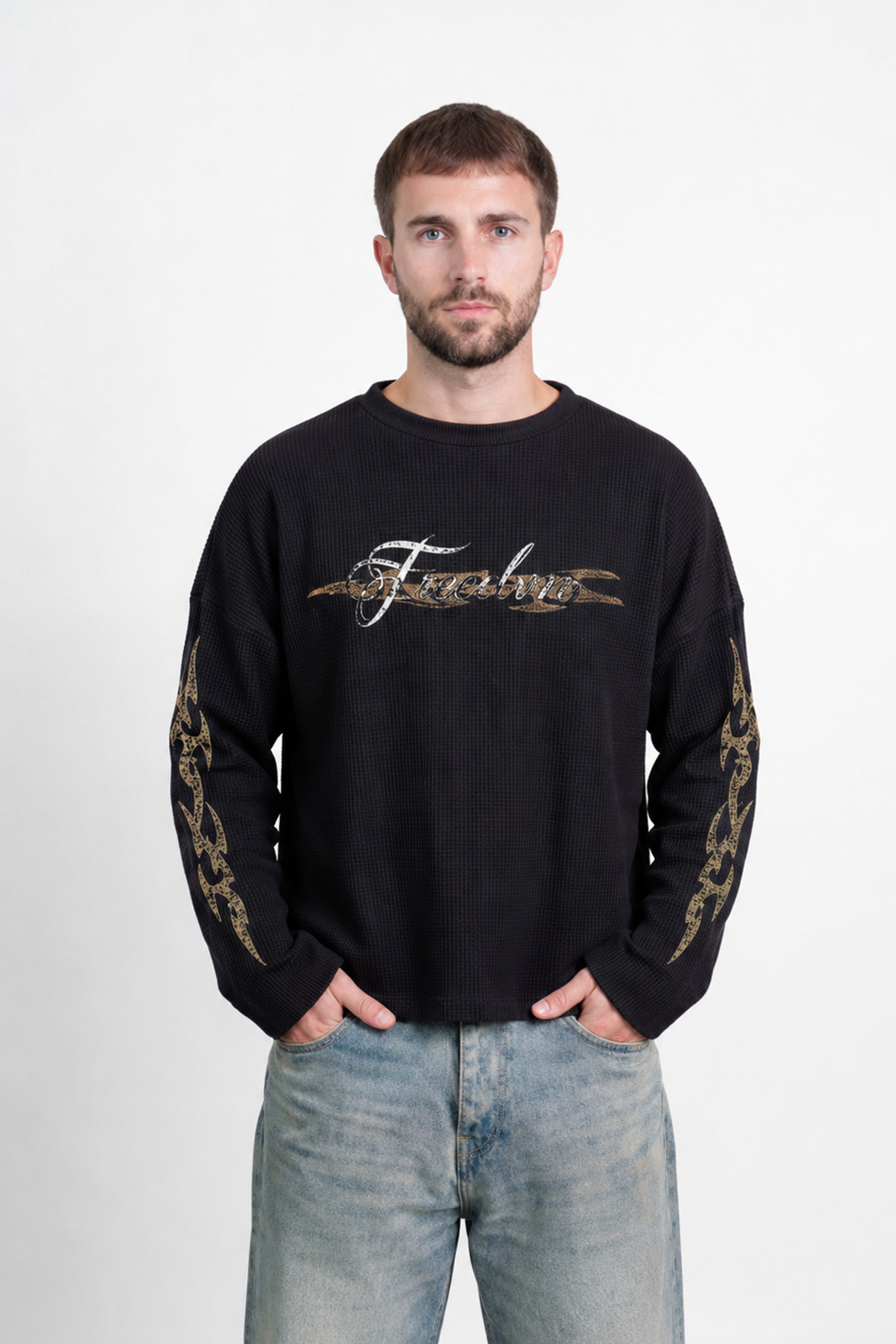 Image of Men's Fearless Waffle Tshirt Black with tribal sleeve graphic design