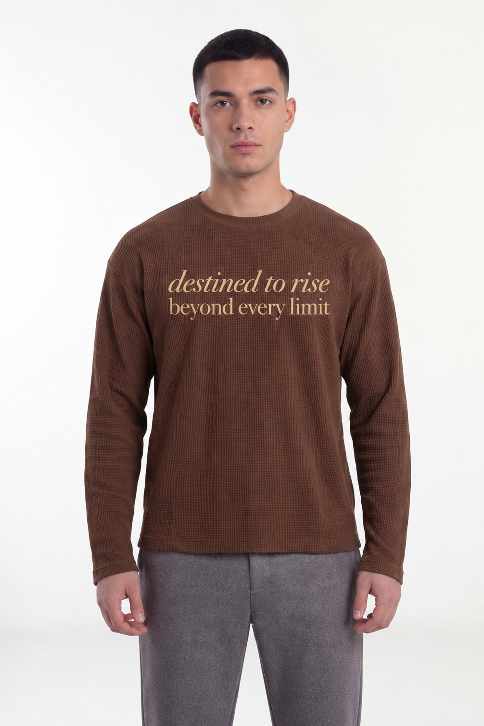 Men's brown waffle long sleeve T-shirt featuring inspirational front