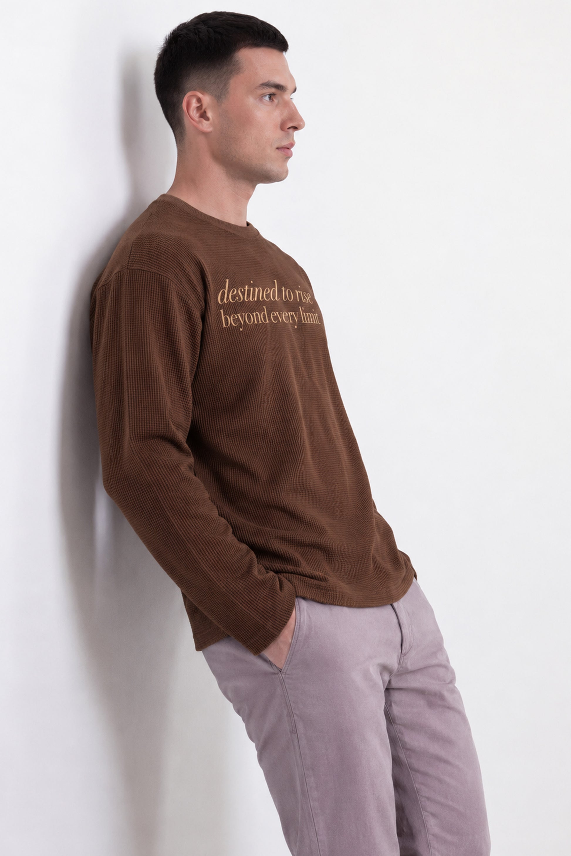 Men's brown waffle knit long sleeve T-shirt with relaxed everyday fit