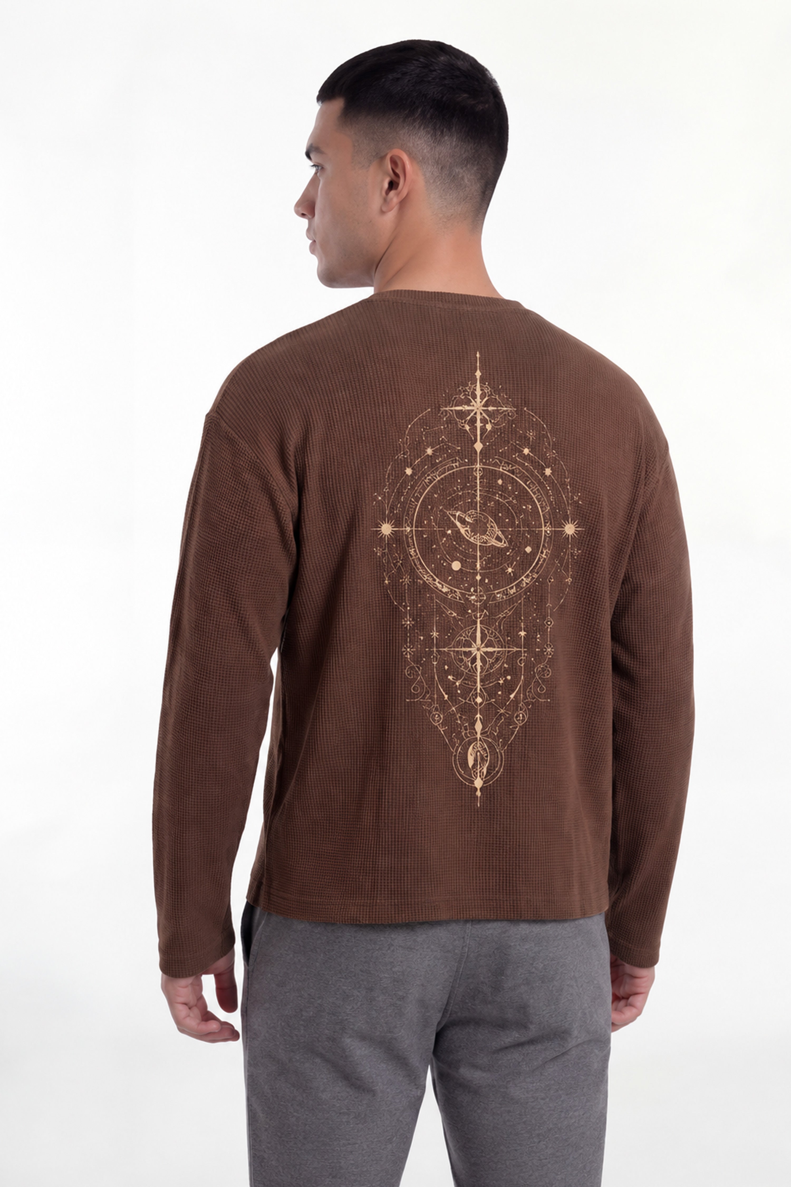 Image of Men's brown waffle long sleeve T-shirt with celestial graphic print