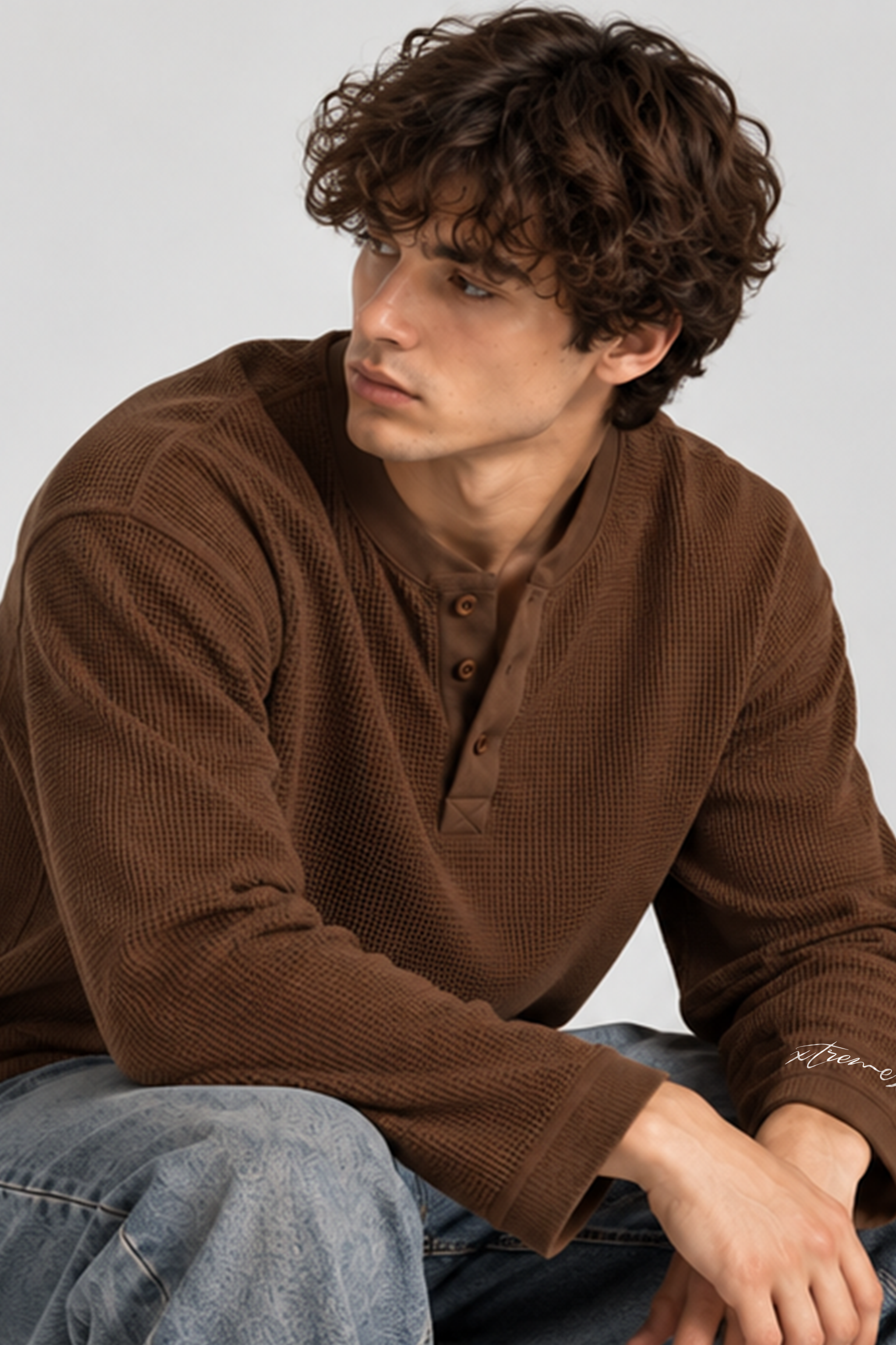 Image of Waffle Henley Tshirt -  Brown