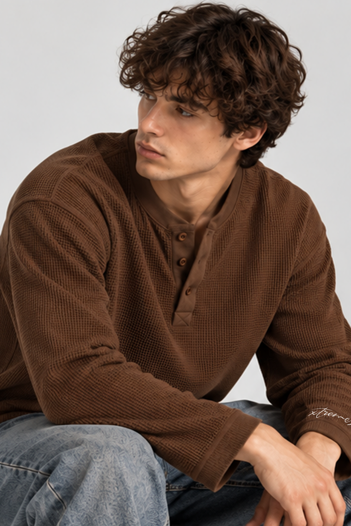 Waffle Henley Tshirt -  Brown