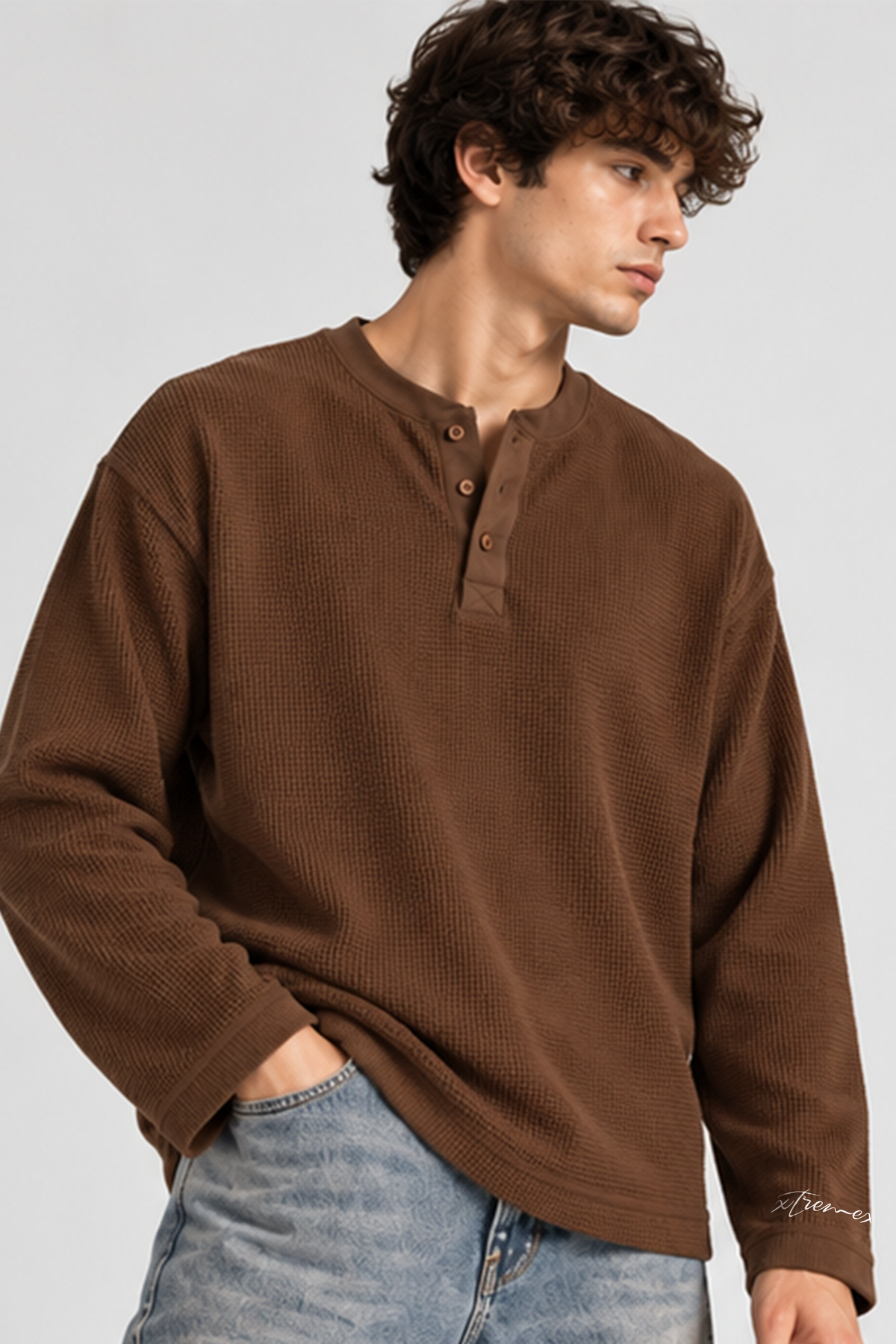 Waffle Henley Tshirt -  Brown