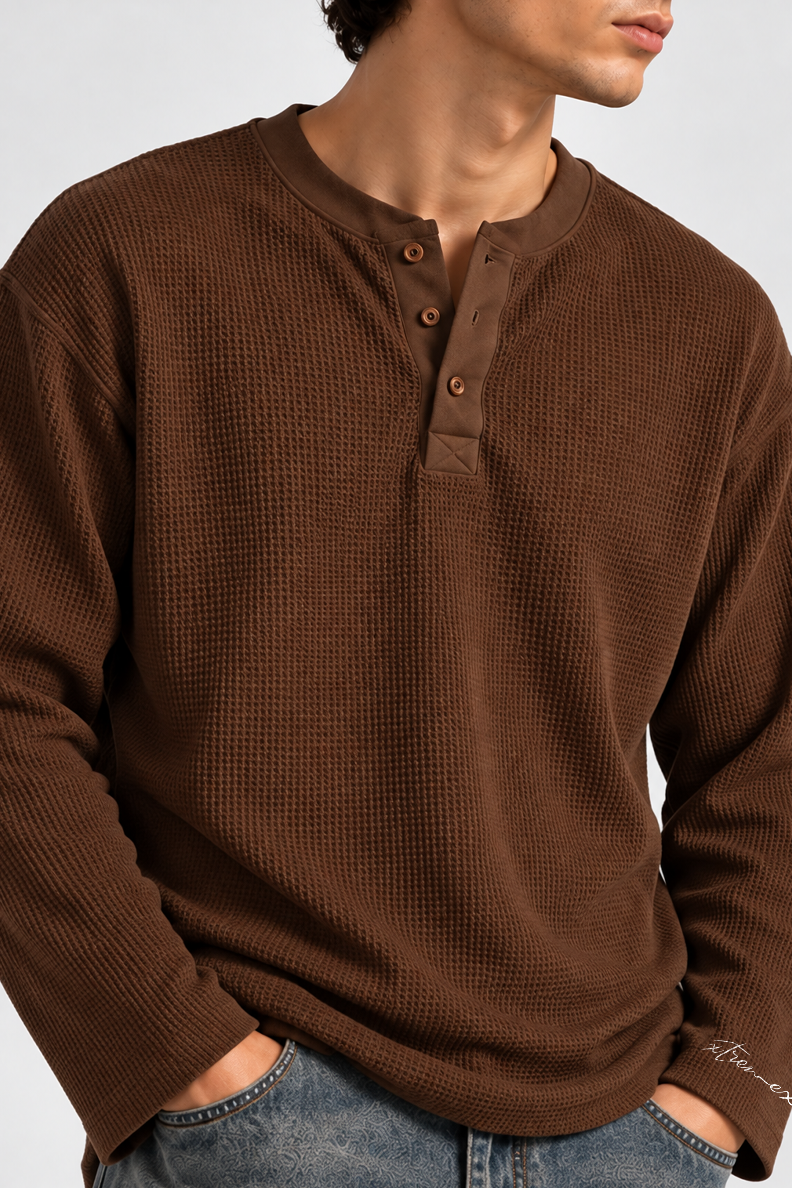 Image of Waffle Henley Tshirt -  Brown