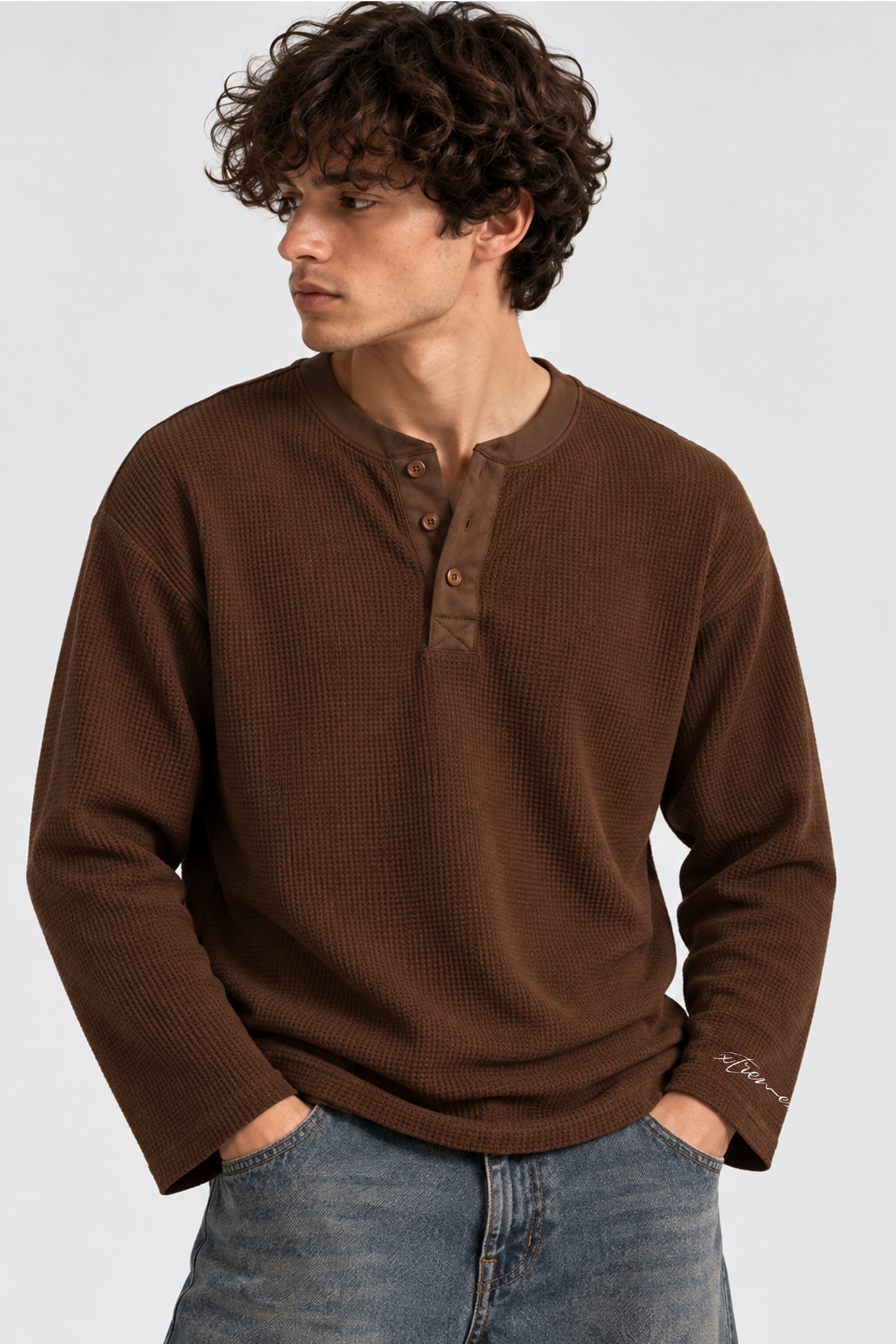 Image of Waffle Henley Tshirt -  Brown