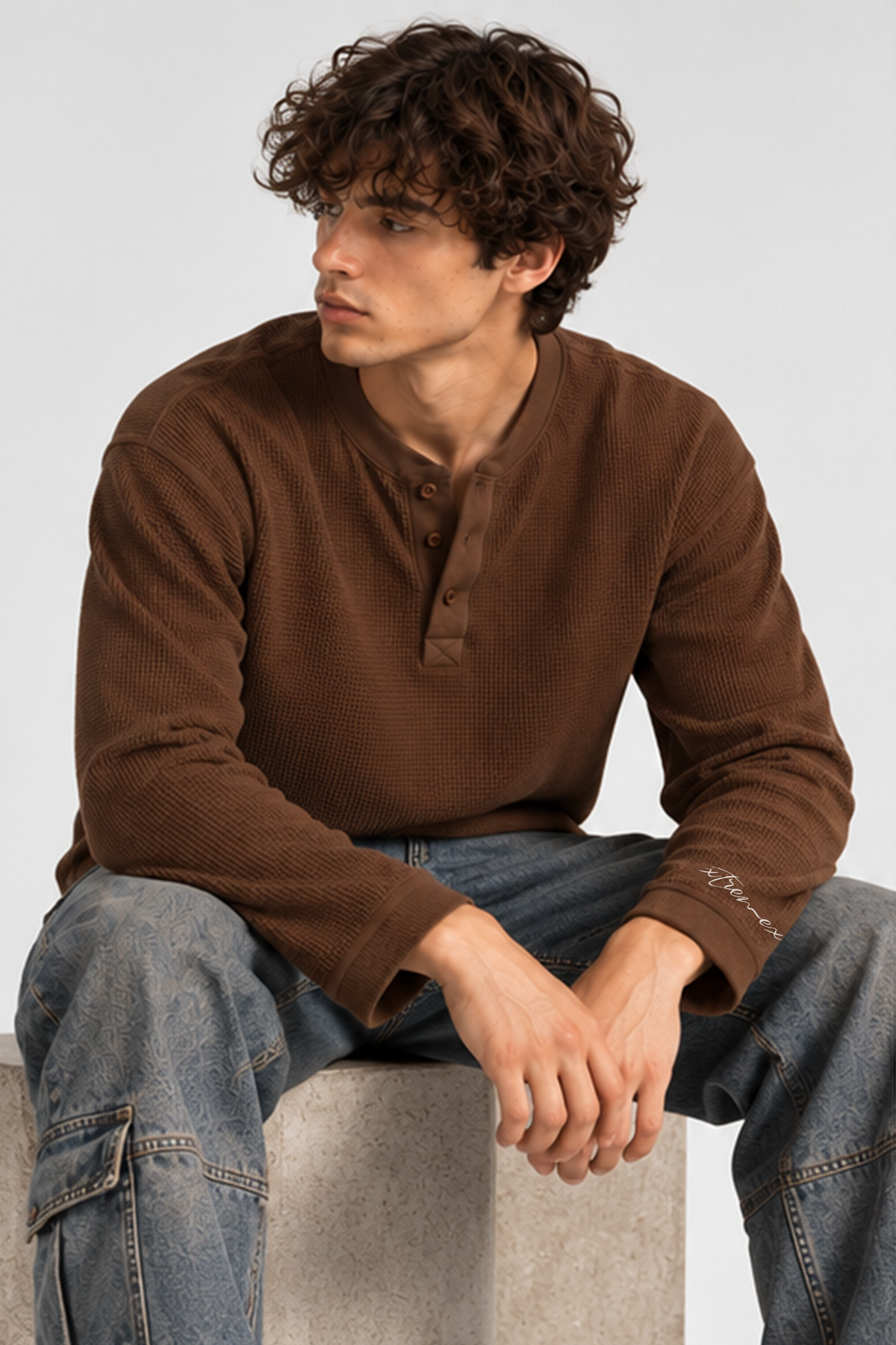Waffle Henley Tshirt -  Brown