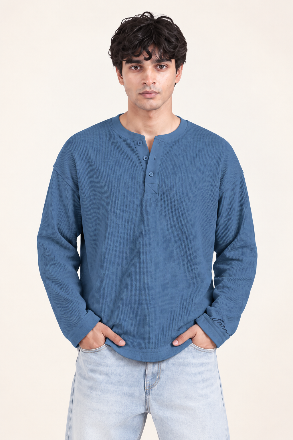 Image of Waffle Henley Tshirt - Blue