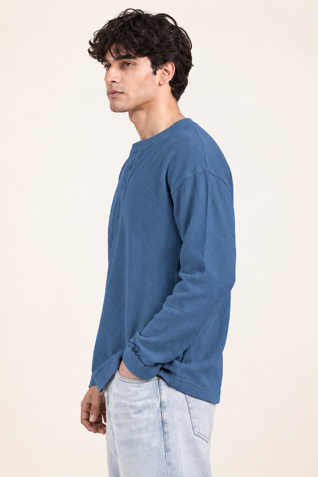 Image of Waffle Henley Tshirt - Blue
