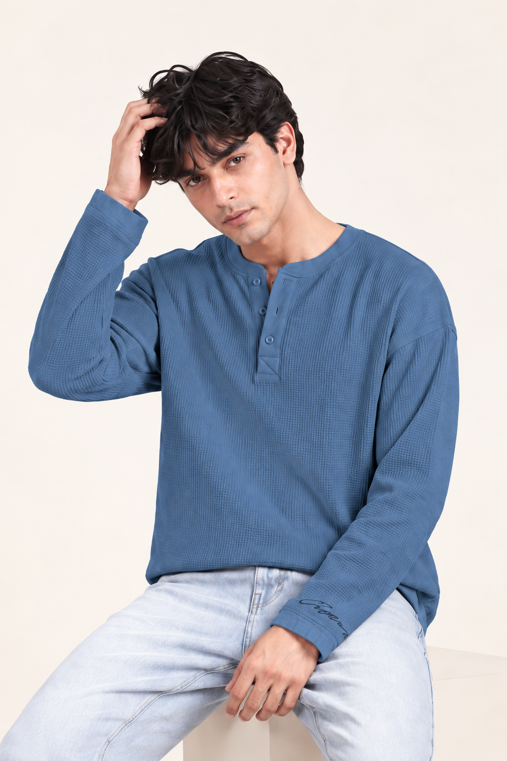 Waffle Henley Tshirt - Blue
