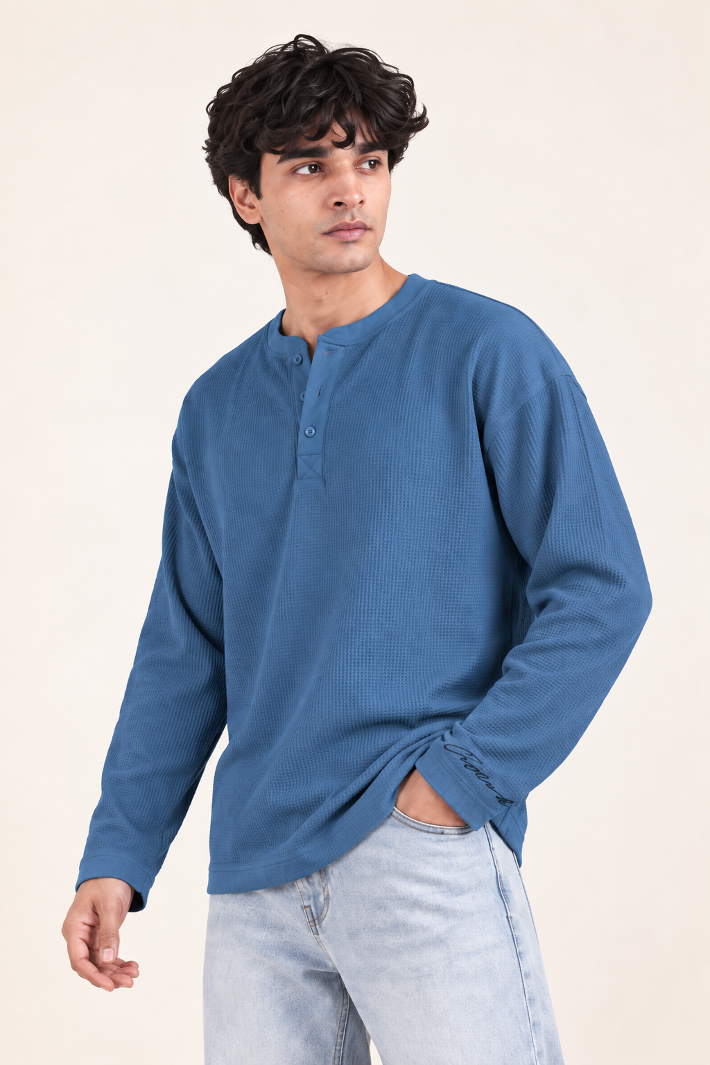 Image of Waffle Henley Tshirt - Blue