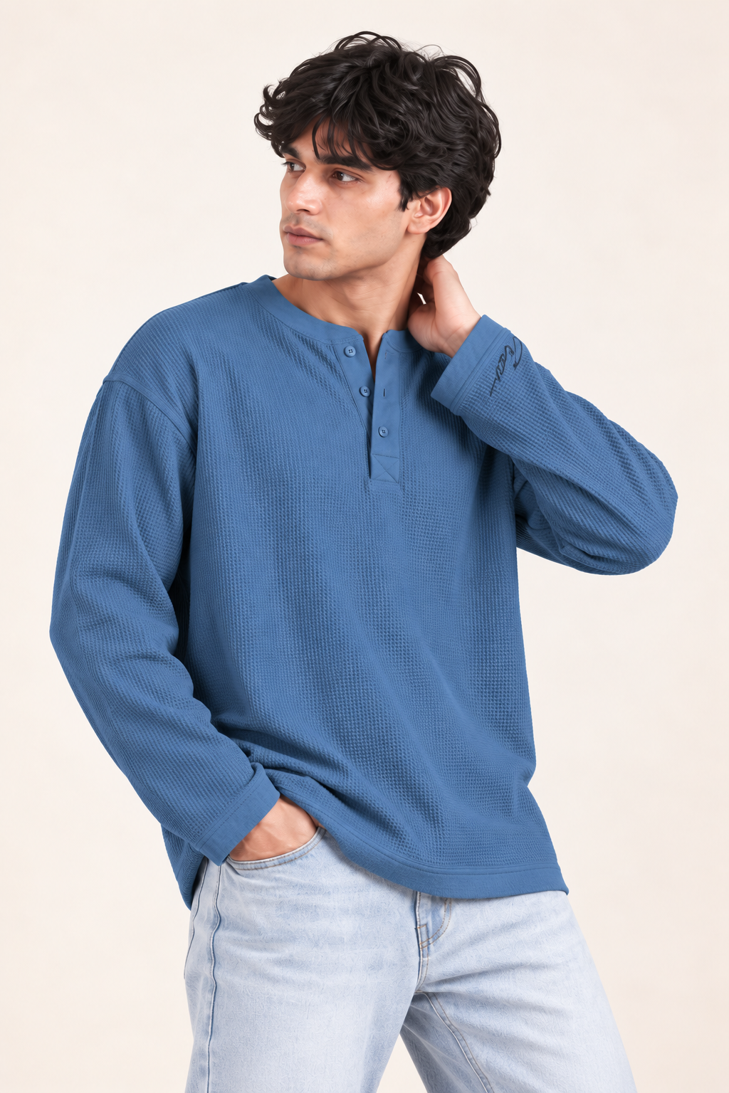 Waffle Henley Tshirt - Blue