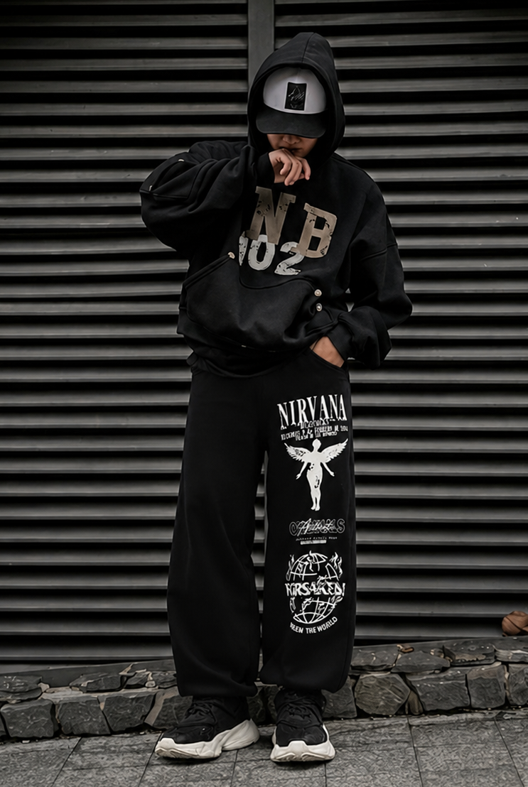 Image of Black graphic joggers with Nirvana inspired print ifm