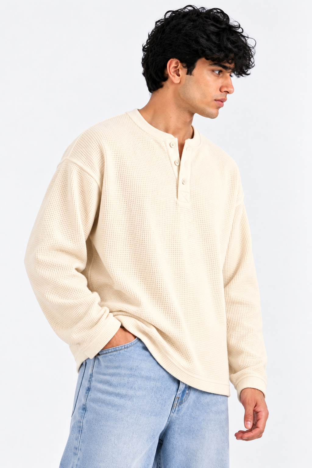 Image of Waffle Henley Tshirt - Cream