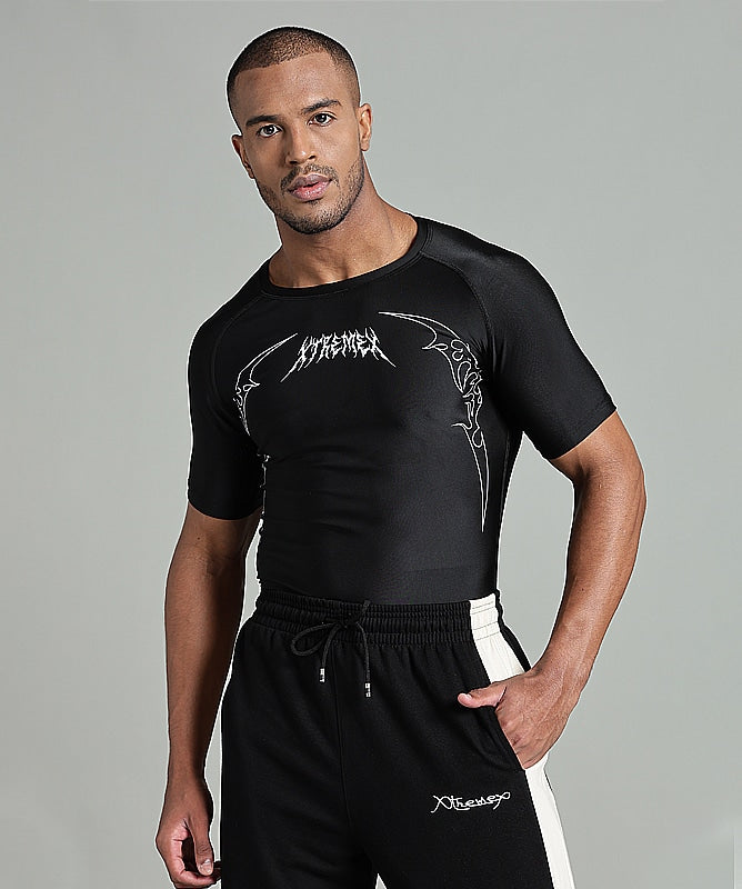 Tribal gym compression shirt with bold graphics