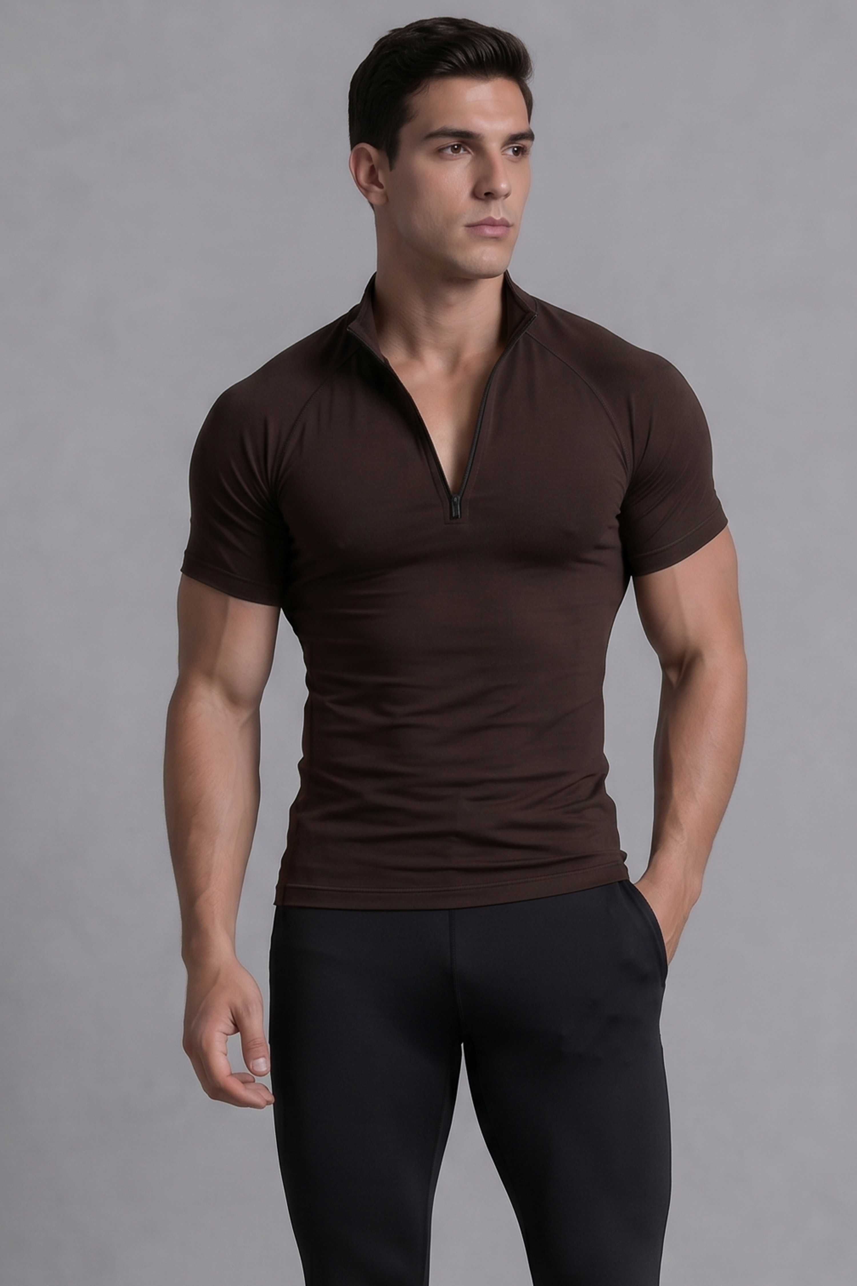 Image of Flex Zip Compression Tshirt Half Sleeve - Brown