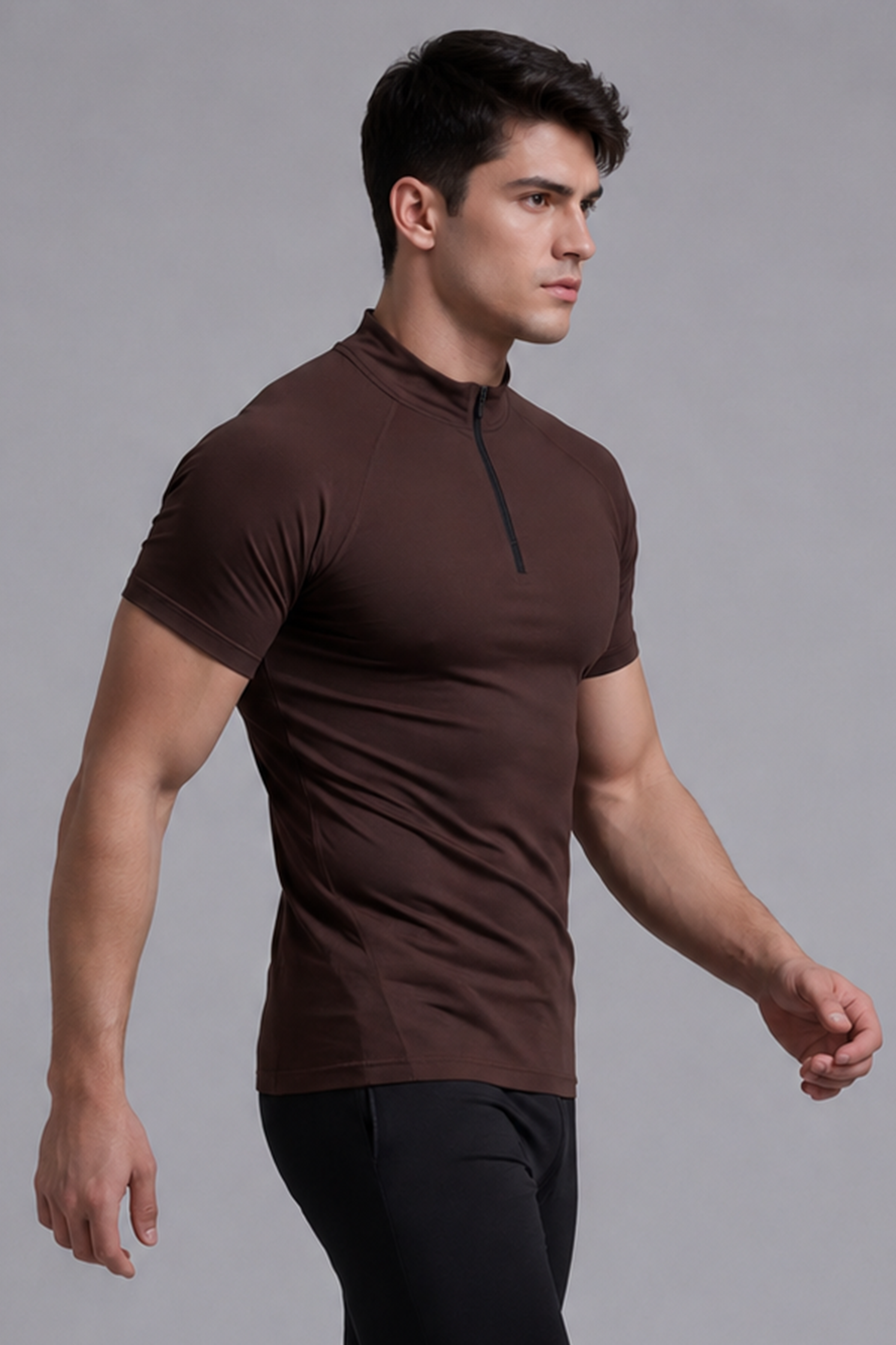 Image of Flex Zip Compression Tshirt Half Sleeve - Brown
