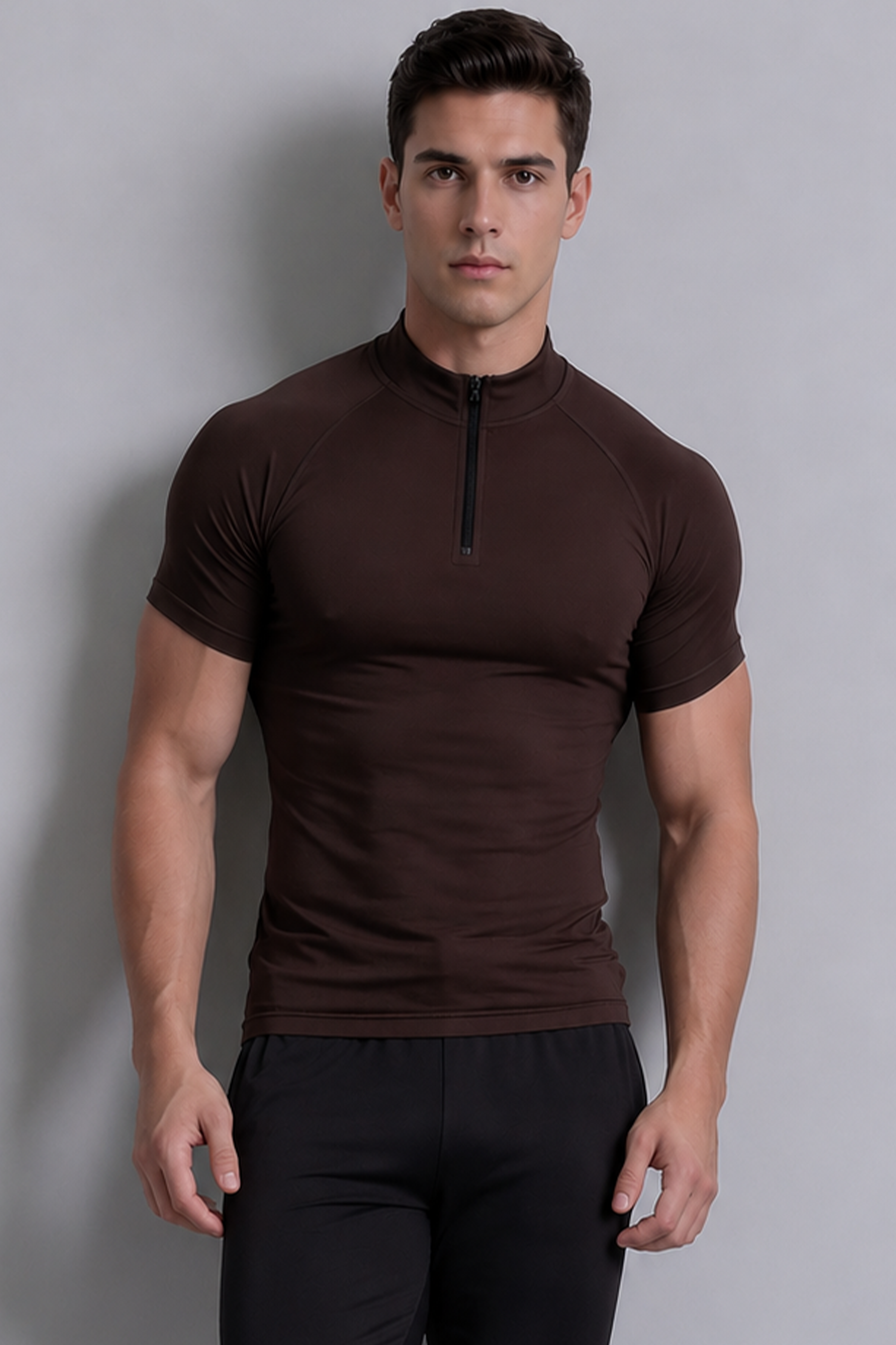 Image of Flex Zip Compression Tshirt Half Sleeve - Brown