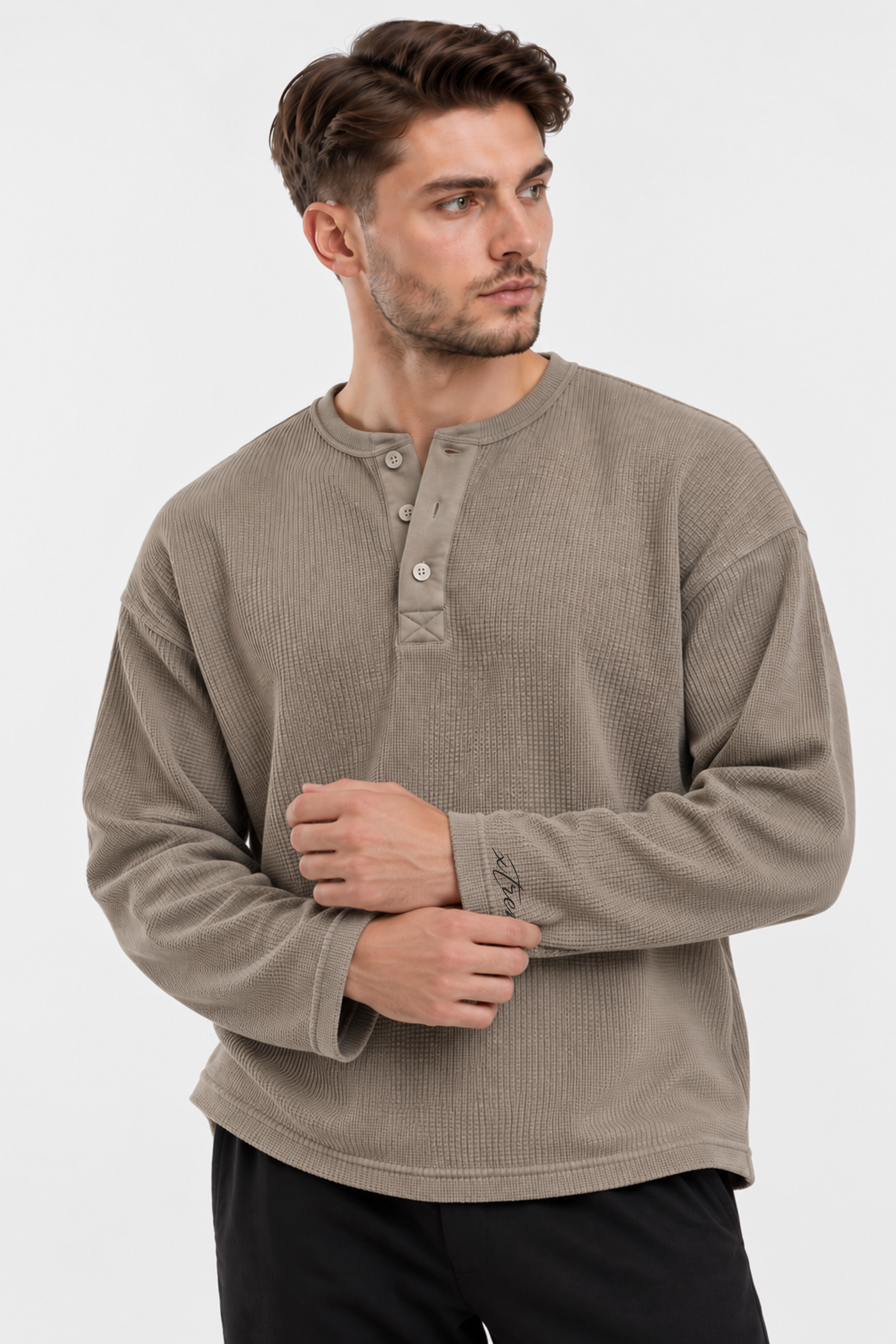 Image of Waffle Henley Tshirt - Sand
